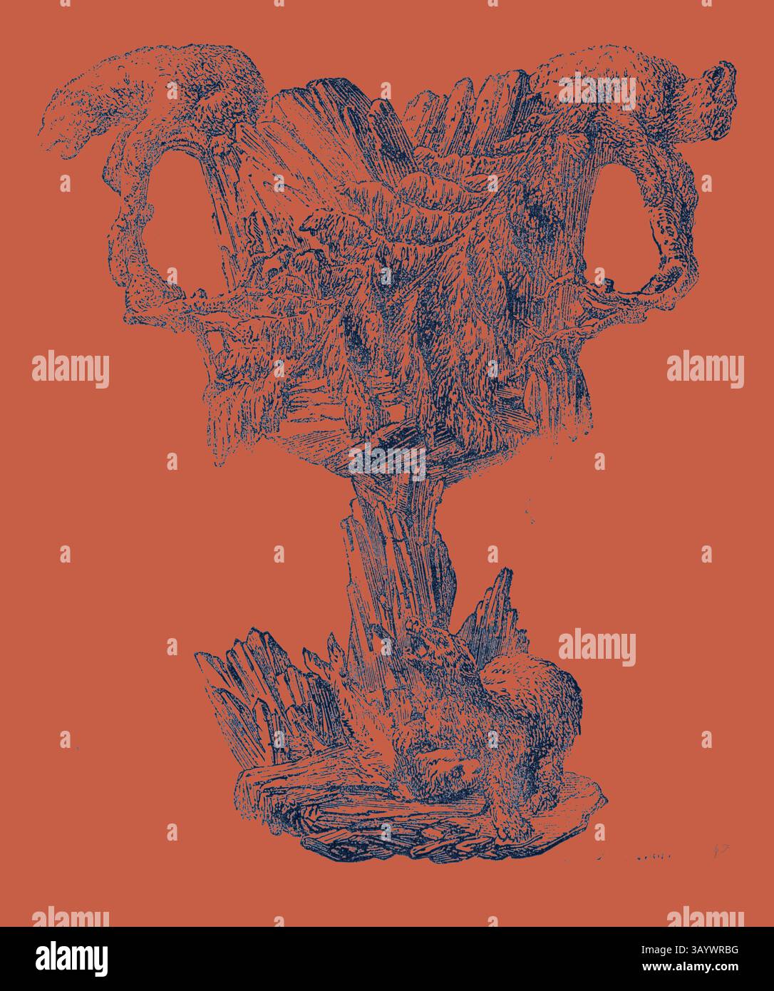 Une illustration complexe avec un design sculptural très détaillé qui incorpore des formes et des textures organiques, créant une sensation de profondeur et de complexité dans un contexte vibrant. Vase en bronze Art classique avec une touche moderne réinventée par Artotop Banque D'Images