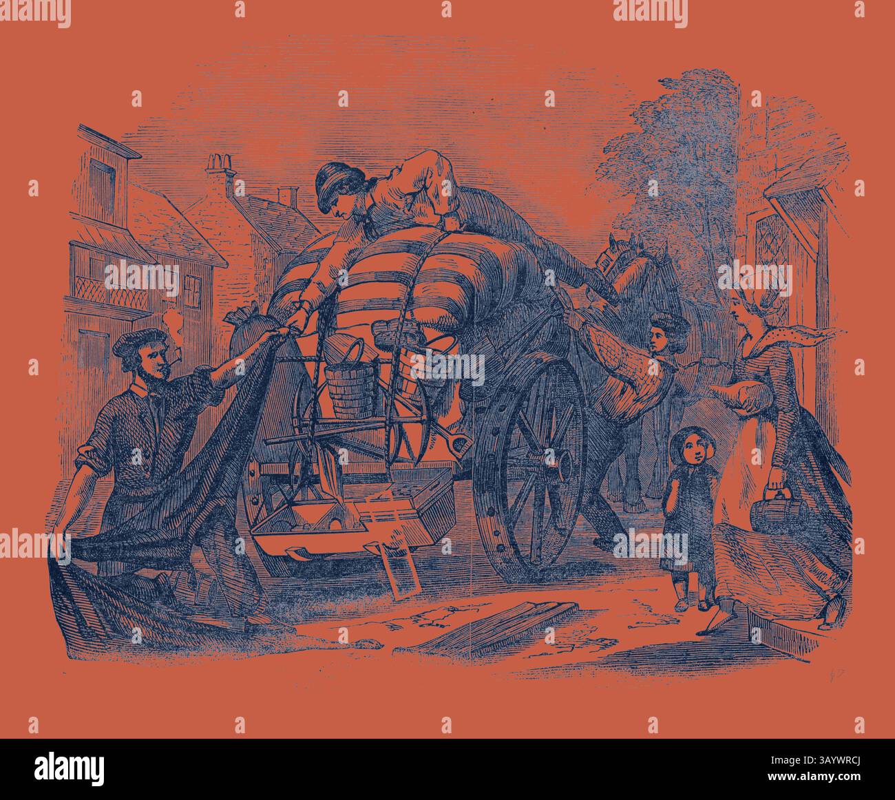 Un groupe de personnes est occupé à charger de grands sacs sur un chariot tiré par des chevaux, tandis que d'autres assistent et observent à proximité. La scène capture un moment d'engagement communautaire et d'industrialisation, avec un bâtiment pittoresque en arrière-plan ajoutant à l'atmosphère. Un enfant se tient sur le côté, regardant l'activité se dérouler. En route pour les fouilles, à Bathurst, Australie Art classique avec une touche moderne réinventée par Artotop Banque D'Images