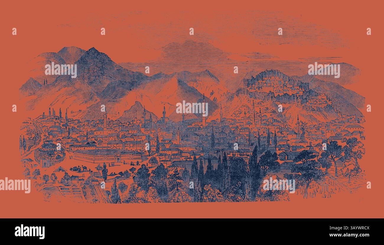 Un paysage détaillé mettant en valeur une ville animée nichée au milieu de montagnes imposantes, avec des bâtiments et des structures complexes mis en valeur dans un contexte saisissant. La scène transmet un sens de l'histoire et de la beauté naturelle, mélangeant la vie urbaine avec la grandeur environnante de la nature. Vue sur l'art classique de Kutaya avec une touche moderne réinventée par Artotop Banque D'Images Un paysage détaillé mettant en valeur une ville animée nichée au milieu de montagnes imposantes, avec des bâtiments et des structures complexes mis en valeur dans un contexte saisissant. La scène transmet un sens de l'histoire et de la beauté naturelle, mélangeant la vie urbaine avec la grandeur environnante de la nature. Vue sur l'art classique de Kutaya avec une touche moderne réinventée par Artotop Banque D'Images