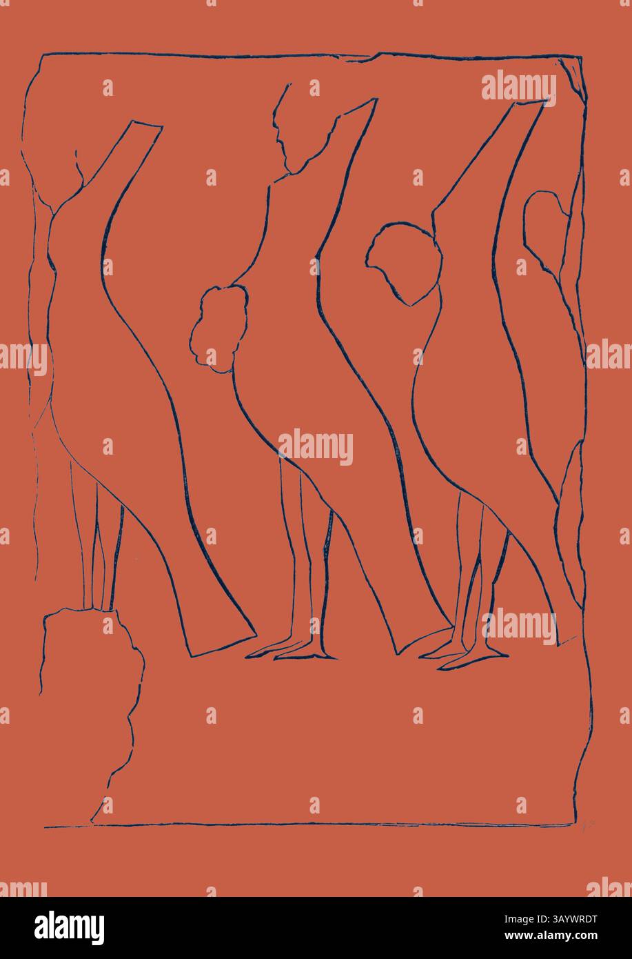 Quatre figures allongées aux bras levés sont représentées de manière stylisée sur un fond vibrant, mettant en valeur un sens ludique du mouvement et de l'abstraction. Figurines sur l'art classique 'Cleopatra's Needle' avec une touche moderne réinventée par Artotop Banque D'Images