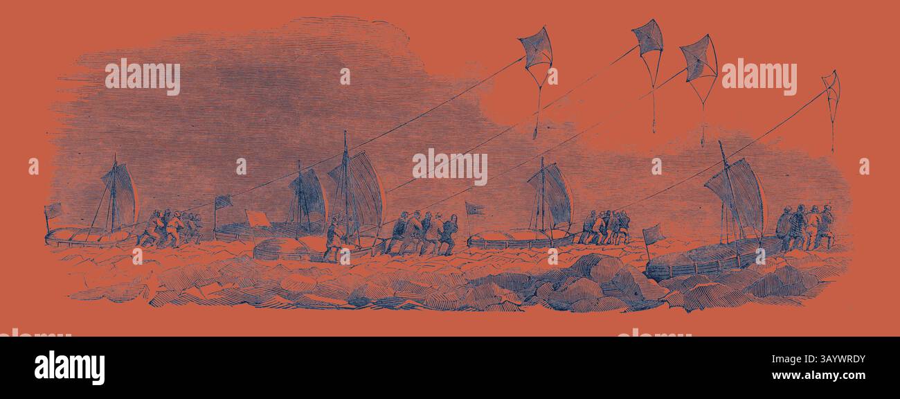 Un groupe de personnes navigue sur des bateaux, utilisant des cerfs-volants pour la propulsion, sur fond de rivages rocheux et un ciel nuageux. La scène capture un moment de travail d’équipe et d’innovation en mer. Expédition arctique du capitaine Austin : Western Division of Sledges Art classique avec une touche moderne réinventée par Artotop Banque D'Images