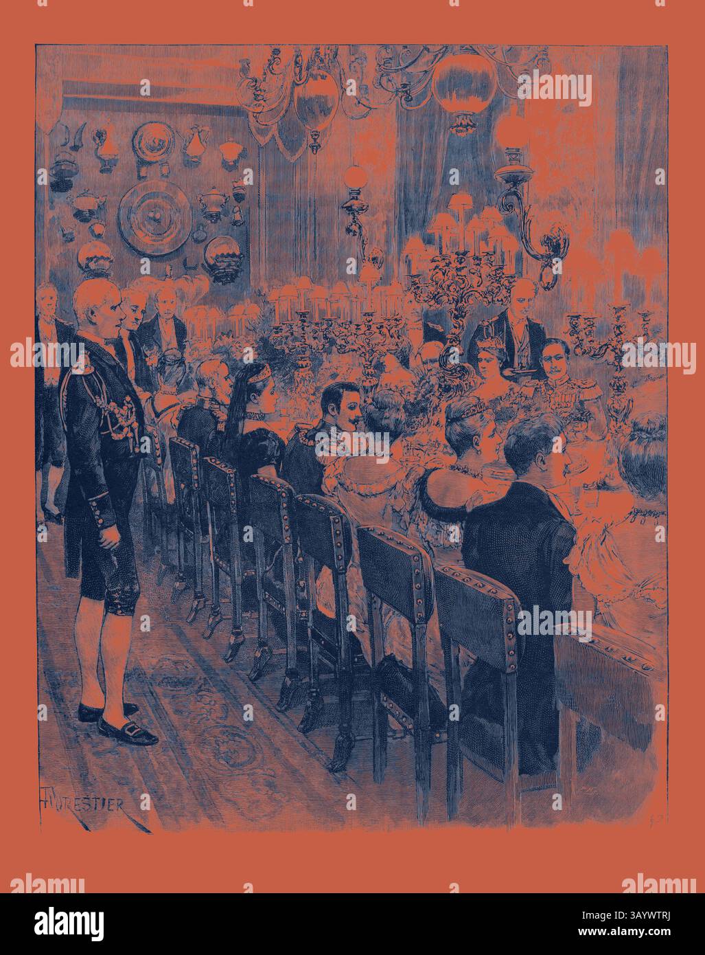 Une somptueuse scène de banquet représentant des invités élégamment habillés se réunissant autour d'une longue table ornée de vaisselle ornée, tandis qu'une figure distinguée se dresse au premier plan. Des lustres élaborés et des plaques murales décoratives créent une atmosphère d'opulence et de célébration. Le mariage royal à Berlin, Allemagne : banquet au Palais Royal, Prince Frédéric-Charles de Hesse et Princesse Marguerite de Prusse, 1893, 1893 gravure de l'art classique avec une touche moderne réinventée par Artotop Banque D'Images