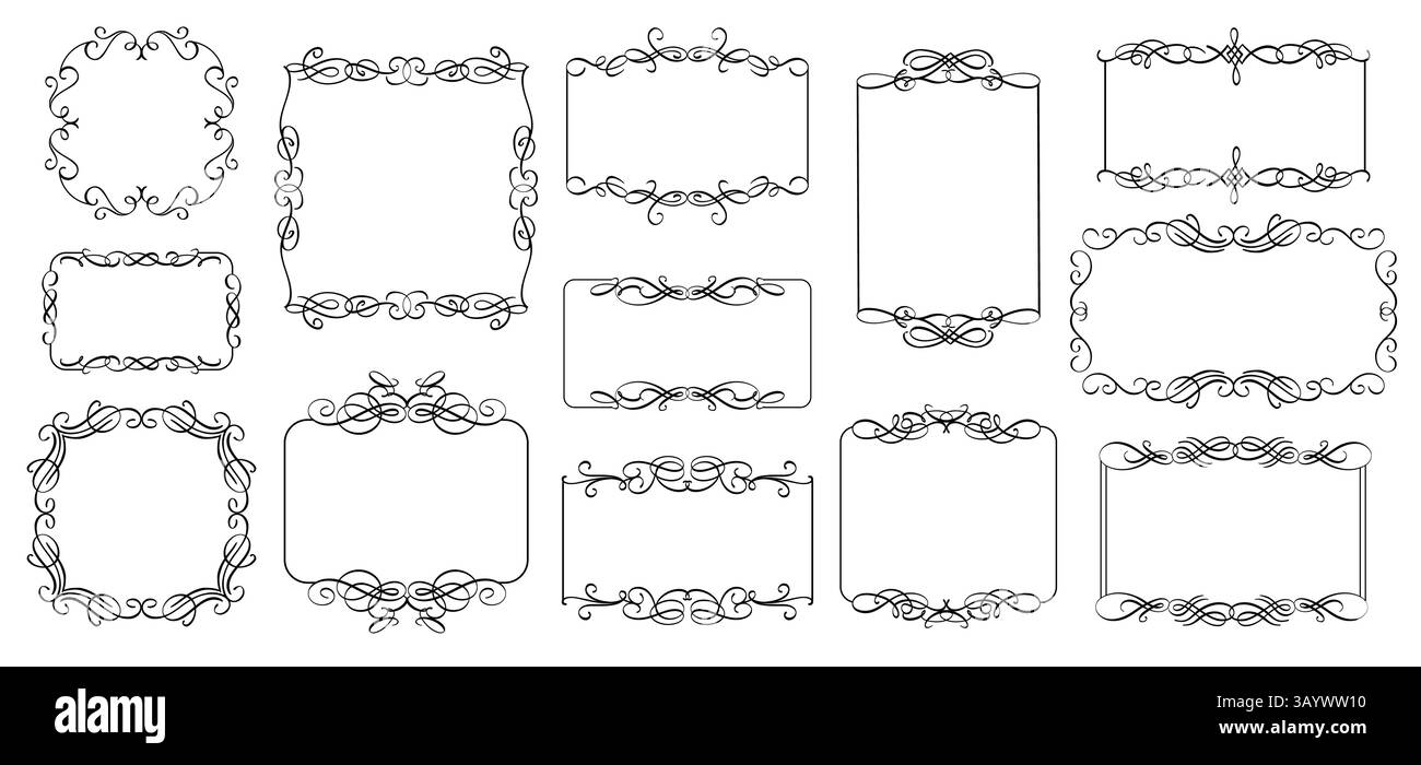 Cadres calligraphiques ornementaux. Bordure décorative ornée, encadrement royal de luxe avec ornement décoratif, tourbillons et éléments de cadre en filigrane pour Illustration de Vecteur