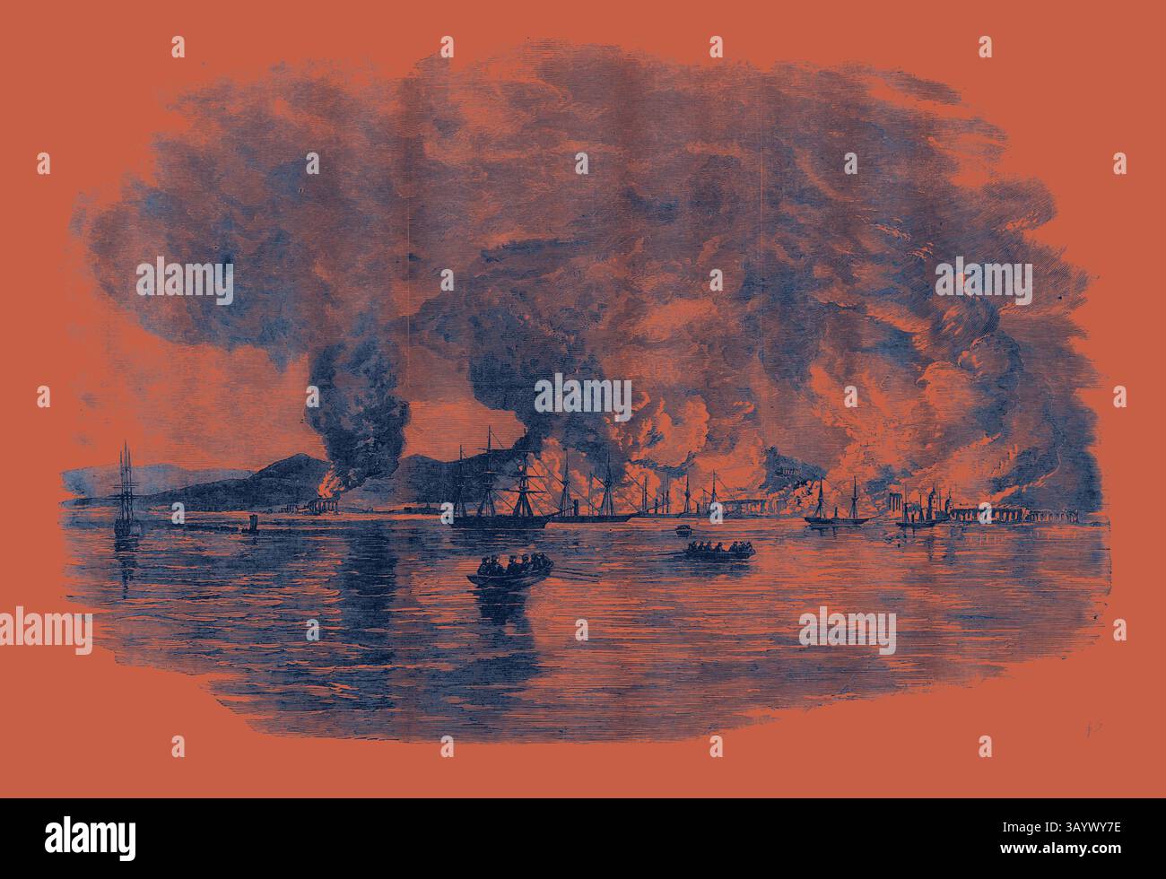 Un paysage marin spectaculaire mettant en vedette plusieurs navires sur une surface d'eau calme, avec d'imposants nuages de fumée s'élevant en arrière-plan, suggérant une scène turbulente se déroulant le long du littoral. The Burning of Kertch, esquissé à partir du Deck of the transport 'Trent' Classic art avec une touche moderne réinventée par Artotop Banque D'Images