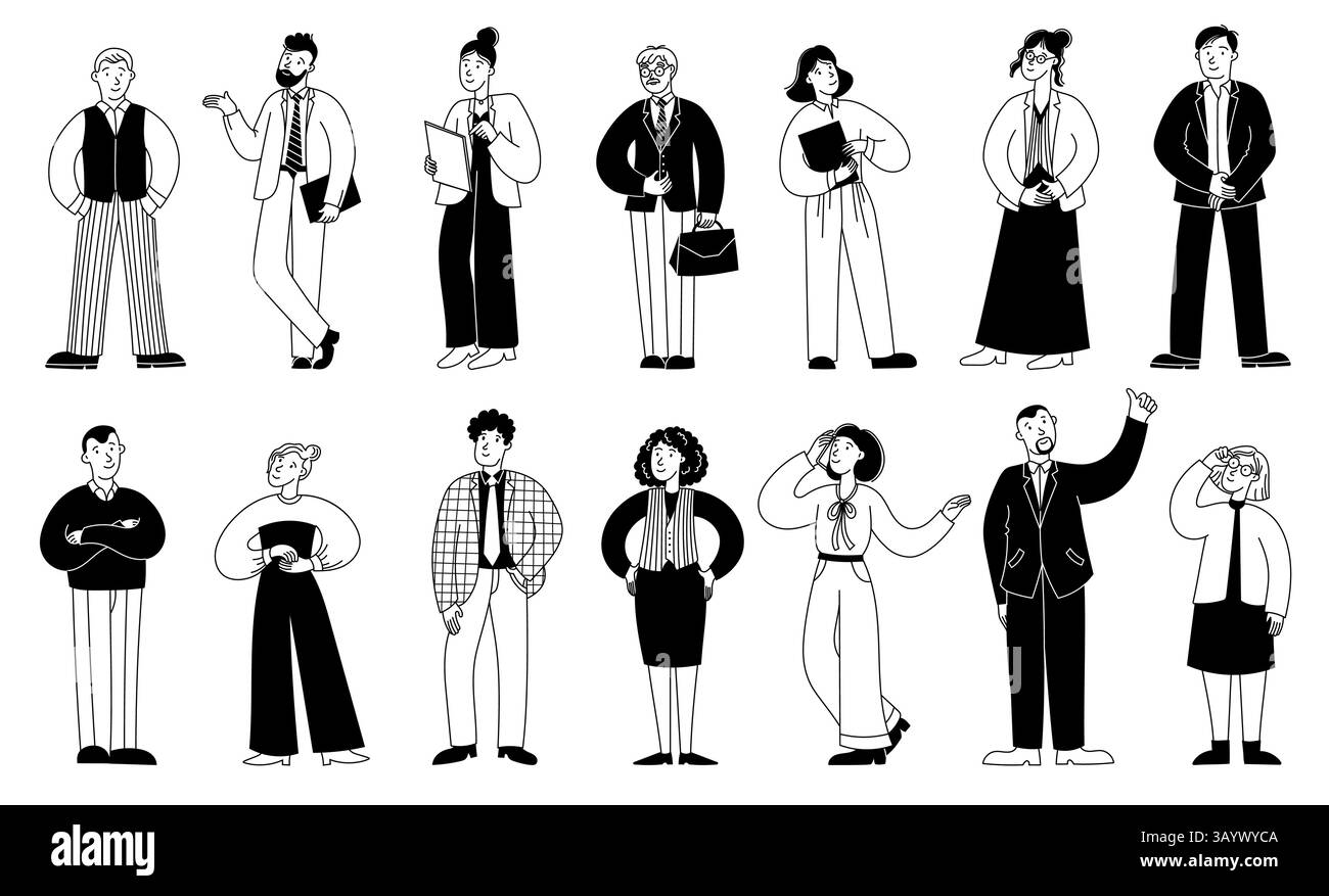 Doodle Business People Set. Lignes croquis de personnes de bureau, contour noir divers groupe d'hommes et de femmes personnages dans des vêtements formels. Vecteur homme d'affaires Illustration de Vecteur