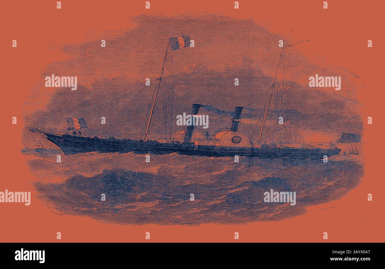 Un bateau à vapeur avec des cheminées proéminentes navigue dans des eaux agitées, affichant divers drapeaux sur ses mâts, évoquant un sentiment d'aventure et d'histoire maritime. L'Alliance Southampton et Havre mail Steamer Classic art avec une touche moderne réinventée par Artotop Banque D'Images