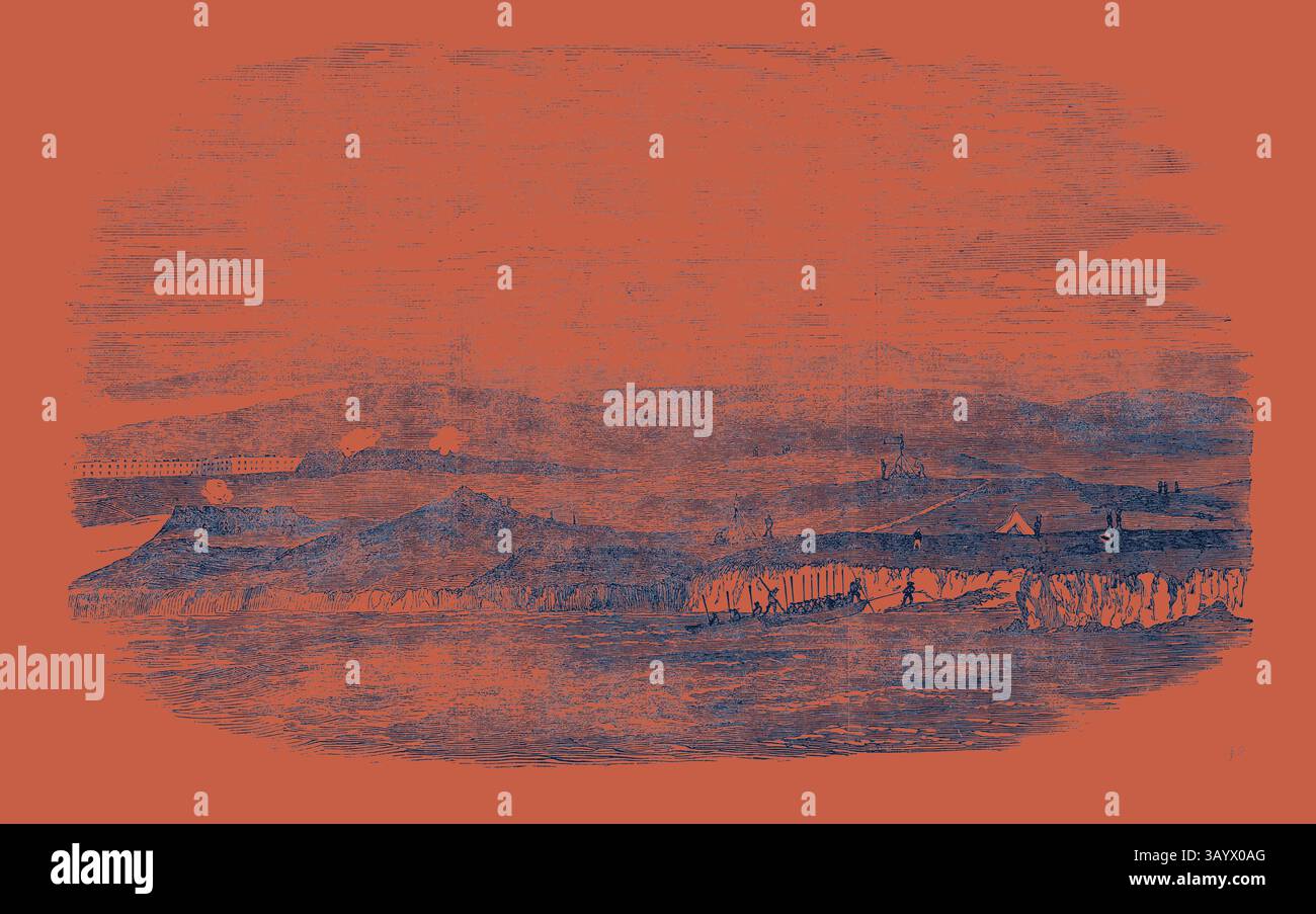 Un paysage serein avec des collines vallonnées au loin, en pente douce vers un littoral qui rencontre un plan d'eau calme. Des détails subtils font allusion aux structures et à la végétation, créant un sentiment de tranquillité et de beauté naturelle. Se préparer à faire des signaux Art classique avec une touche moderne réinventée par Artotop Banque D'Images