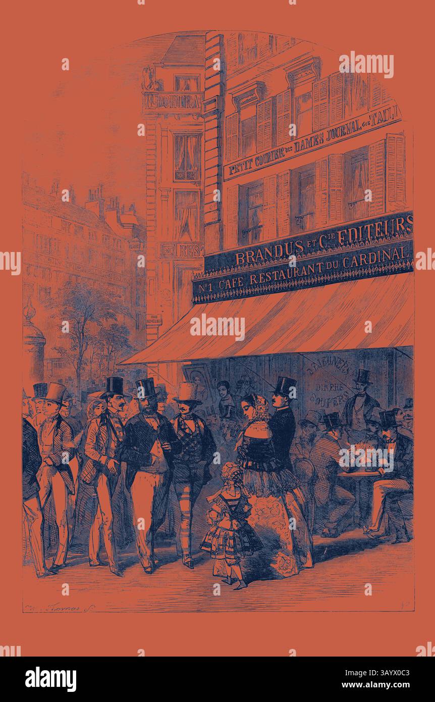 Une scène animée devant un café animé, mettant en vedette des hommes et des femmes élégamment habillés à la mode du XIXe siècle. Le groupe est engagé dans la conversation, certains dégustant des rafraîchissements à des tables. En arrière-plan, une charmante enseigne de restaurant ajoute à l'atmosphère vintage. Scènes à Paris, le Boulevard des Italiens Art classique avec une touche moderne réinventée par Artotop Banque D'Images
