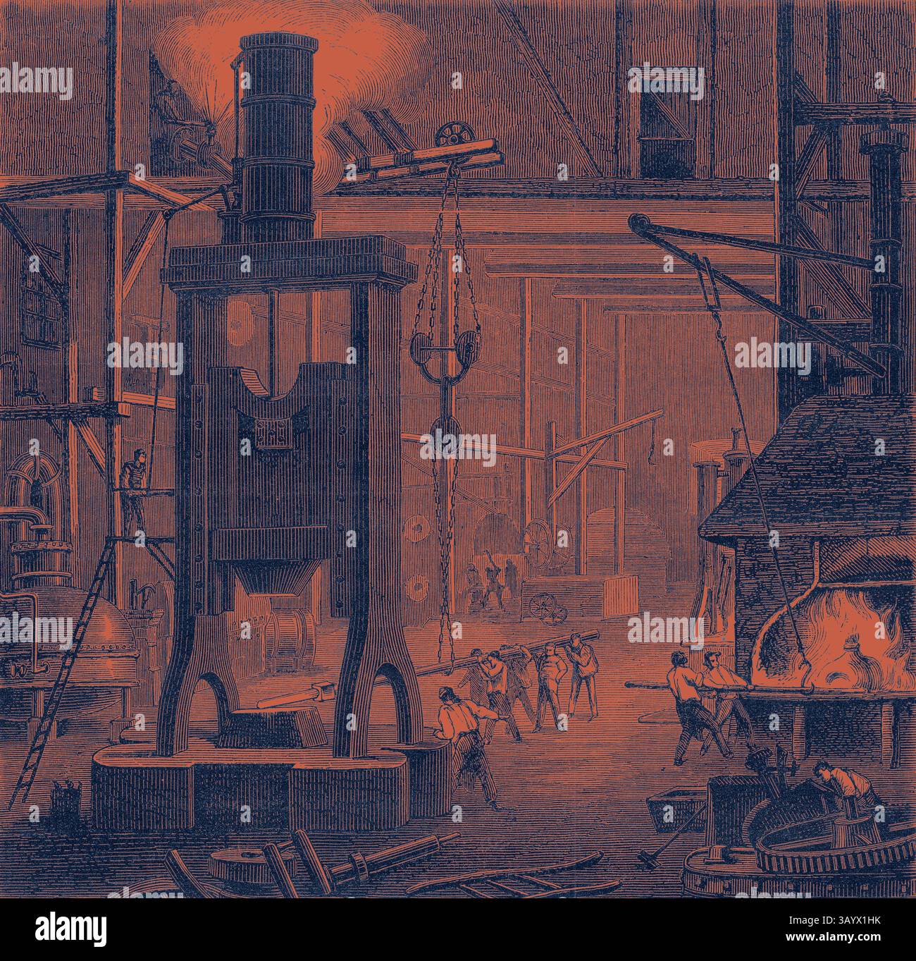 Une scène industrielle avec une grande presse mécanique au premier plan, entourée de travailleurs engagés dans diverses tâches. Le fond révèle un atelier spacieux avec des machines, des outils et un four, créant une atmosphère animée de fabrication du XIXe siècle. Machine à vapeur Art classique avec une touche moderne réinventée par Artotop Banque D'Images