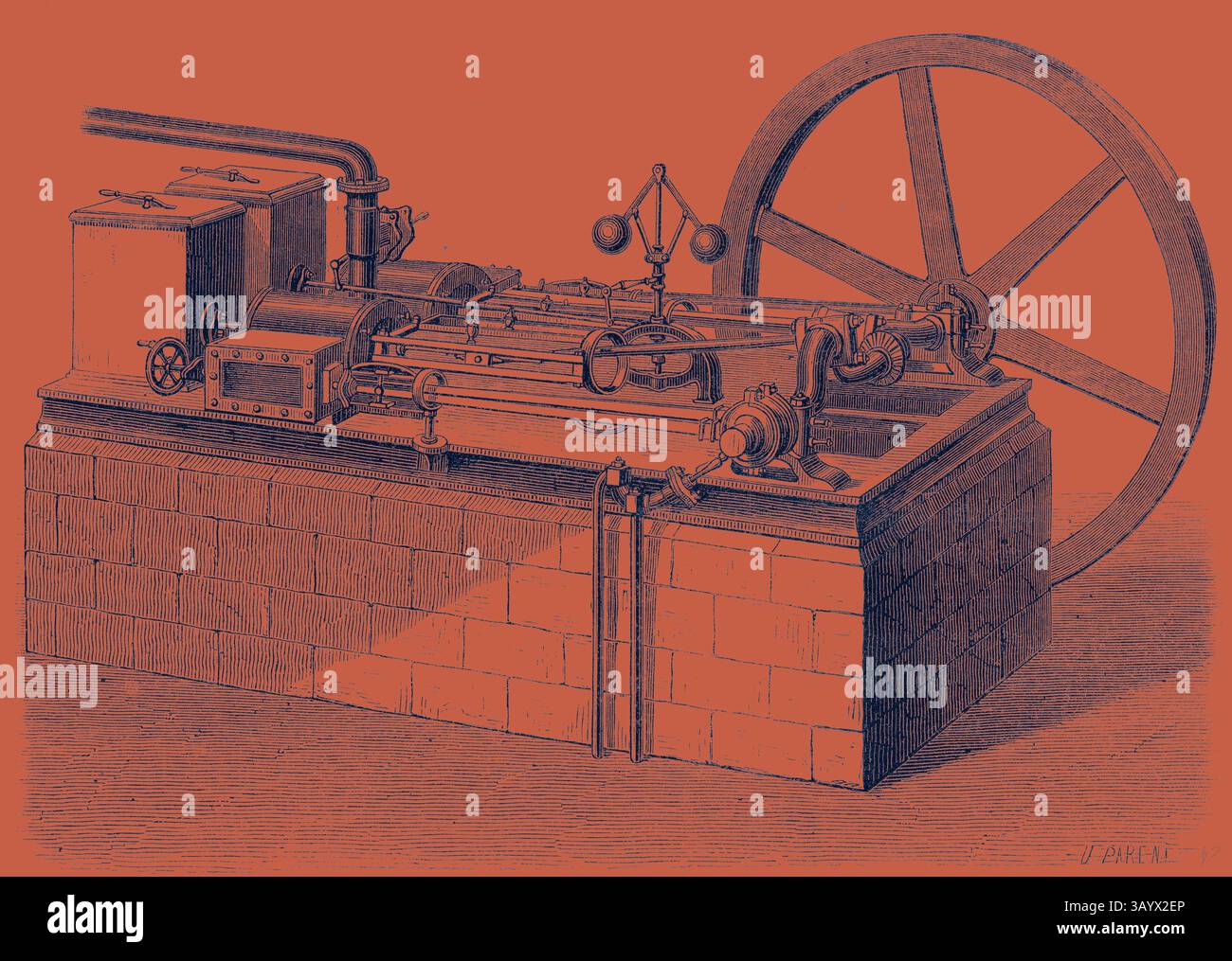 Une machine à vapeur de conception complexe dispose d'un grand volant d'inertie, de divers tuyaux et d'une chaudière proéminente, mettant en valeur la technologie industrielle de son époque. Une machine à cylindres à air chaud avec moteurs horizontaux Art classique avec une touche moderne réinventée par Artotop Banque D'Images