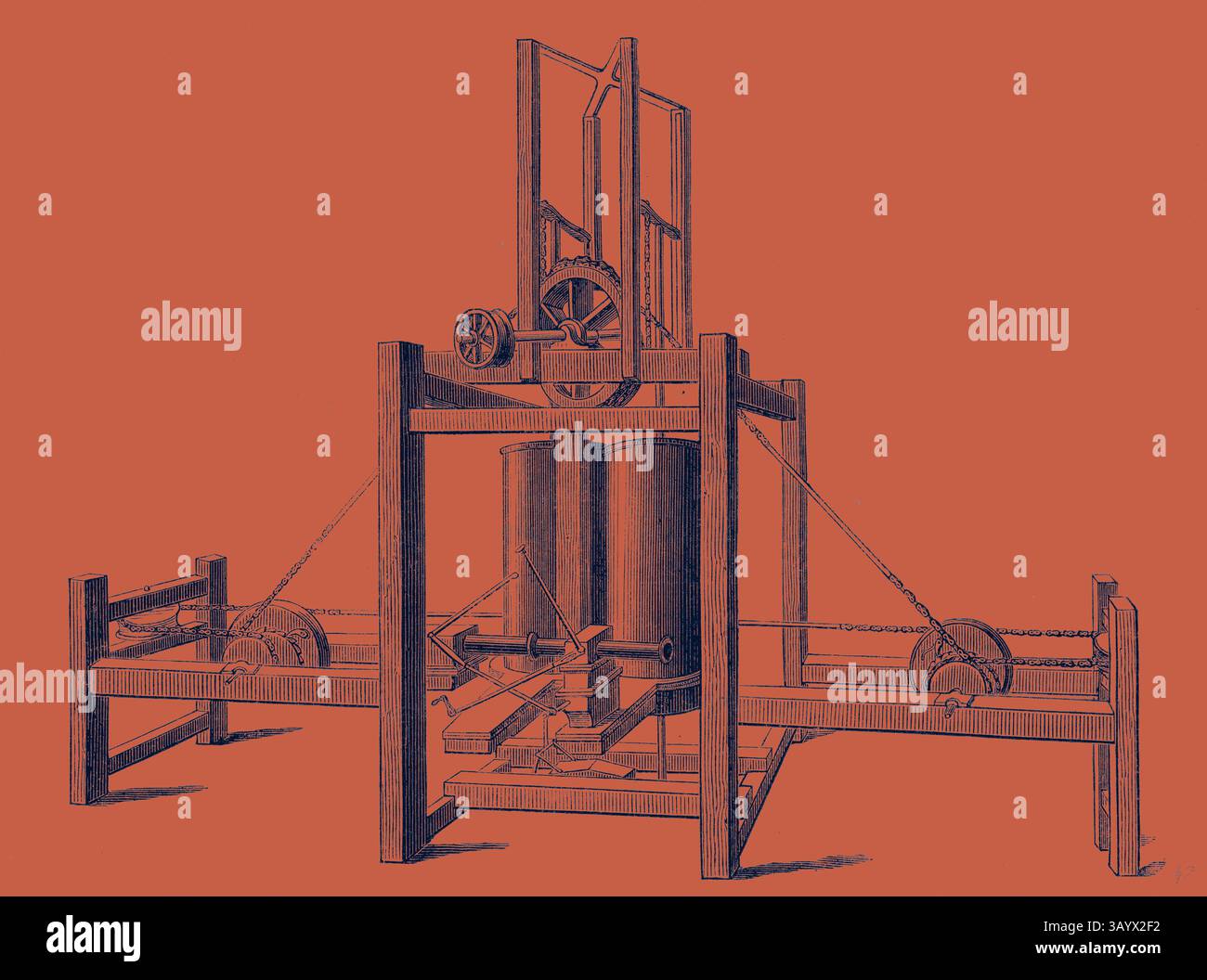Une illustration précoce d'une grande presse hydraulique, avec un châssis robuste, des poulies et un mécanisme clairement défini conçu pour appliquer une force significative. La structure montre l'ingéniosité industrielle avec de grands composants cylindriques et un arrangement complexe de leviers et de chaînes. Mécanisme de Miller Taylor et Symington's Steamboat's Engine Classic art avec une touche moderne réinventée par Artotop Banque D'Images