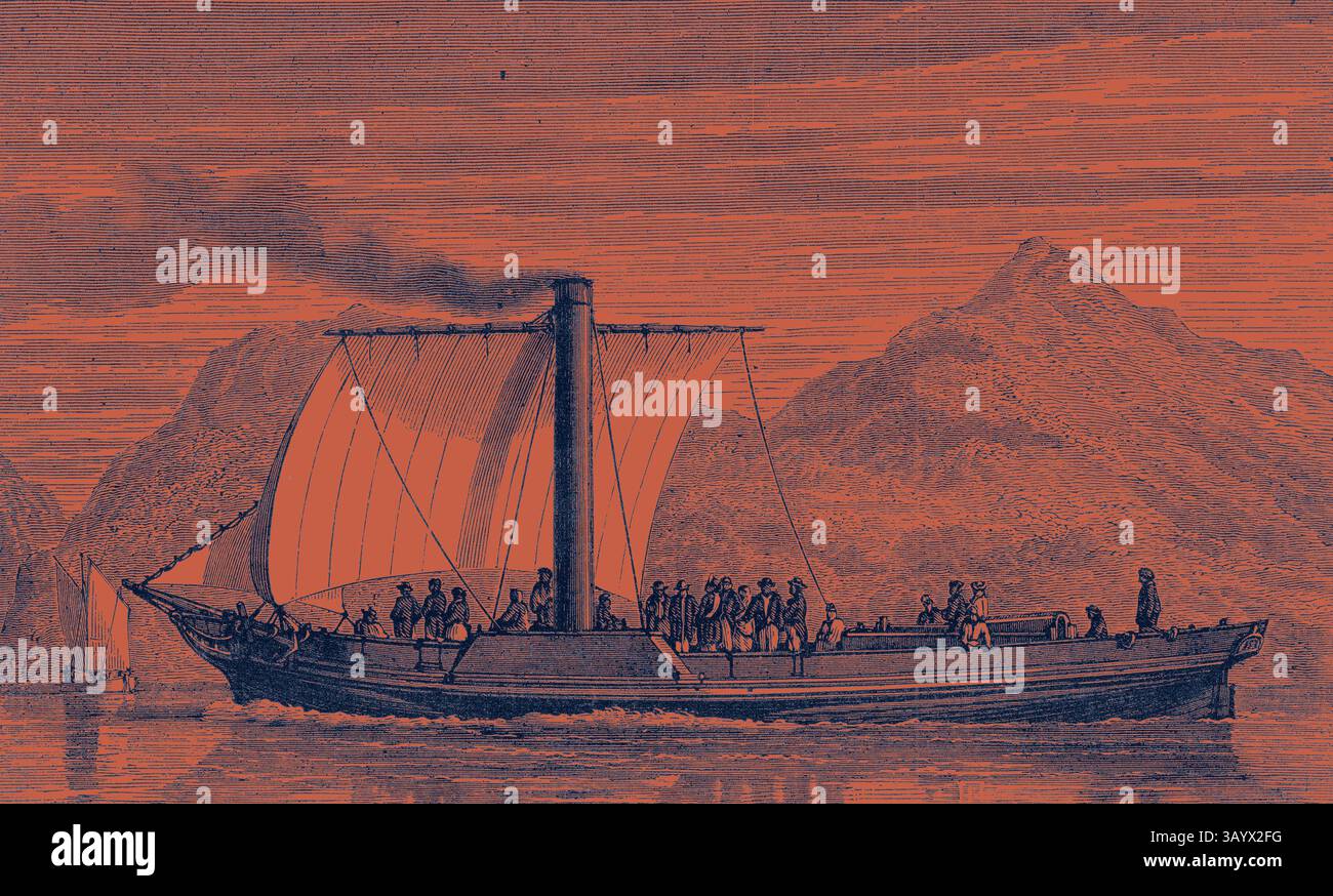 Un voilier vintage navigue dans des eaux calmes, ses voiles blanches bondissant dans la brise, avec des passagers à bord et des montagnes majestueuses s'élevant en arrière-plan. Le 'Comet' le premier bateau à vapeur anglais construit par Henry Bell en 1812 Art classique avec une touche moderne réinventée par Artotop Banque D'Images
