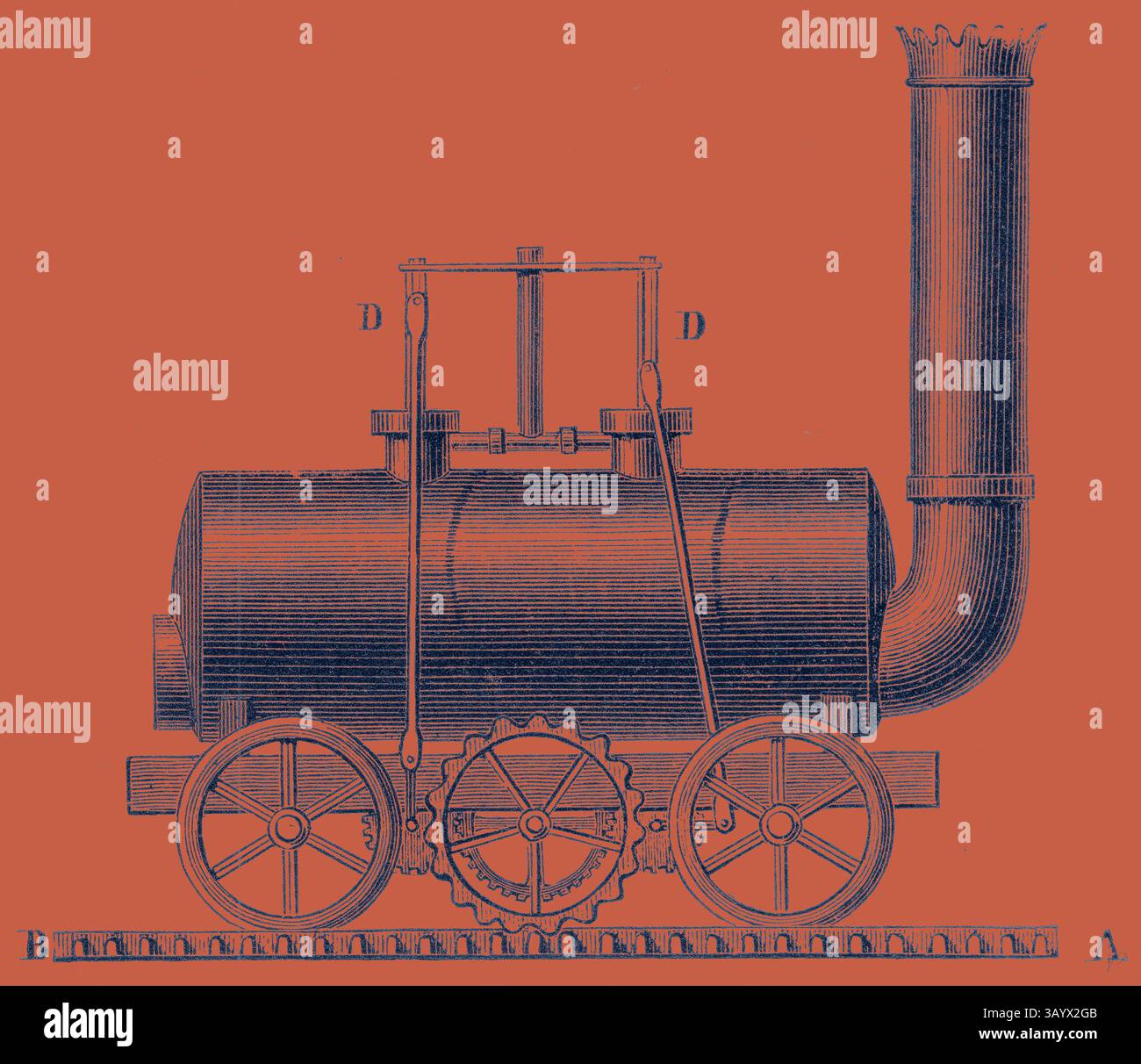 Une locomotive à vapeur vintage présentant une chaudière cylindrique, une cheminée proéminente et un assemblage complexe de roues, soulignant les merveilles d'ingénierie de l'ère industrielle. Locomotive à crémaillère classique de Blenkinsop avec une touche moderne réinventée par Artotop Banque D'Images