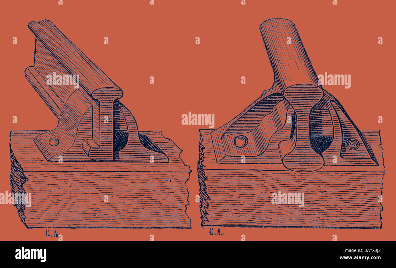 Une illustration détaillée présentant deux types d'avions de travail du bois, mettant en évidence leurs conceptions et composants uniques pour façonner le bois. Rail parallèle en T à simple bride et rail parallèle en T à double bride (également connu sous le nom de rail Bullhead) Art classique avec une touche moderne réinventée par Artotop Banque D'Images