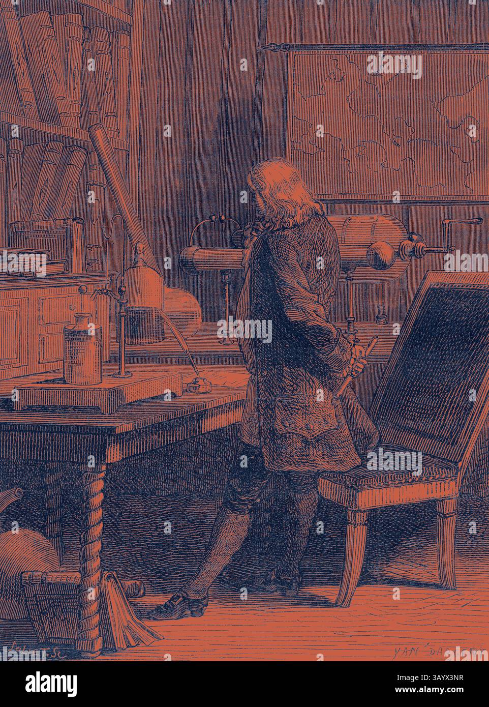 Un érudit se tient soigneusement à un bureau encombré d'instruments scientifiques, de cartes et de livres, immergé dans la contemplation. Un grand globe céleste et divers outils sont visibles à l'arrière-plan, suggérant une poursuite de la connaissance et de la découverte. Franklin dans son laboratoire de physique à Philadelphie Art classique avec une touche moderne réinventée par Artotop Banque D'Images