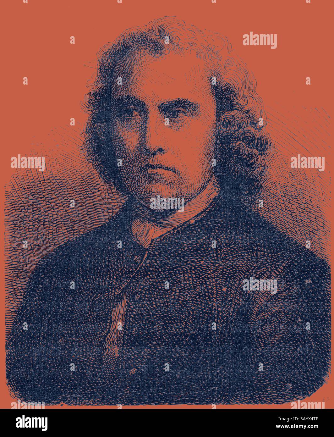 Portrait historique d'un homme aux cheveux ondulés et à l'expression sérieuse, vêtu d'une tenue vestimentaire du XVIIIe siècle, mettant en évidence les détails complexes de son visage et de ses vêtements. L'arrière-plan présente des motifs texturés qui améliorent la composition globale. Lemonnier Art classique avec une touche moderne réinventée par Artotop Banque D'Images