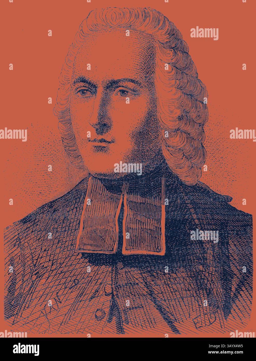 Portrait historique d'un homme aux cheveux longs et ondulés et à col haut, véhiculant un air de sophistication et d'intellectualisme. L'expression de la figure est sérieuse et contemplative, suggérant un rôle important dans la société ou le milieu universitaire. L’art classique Abbé Nollet avec une touche moderne réinventé par Artotop Banque D'Images