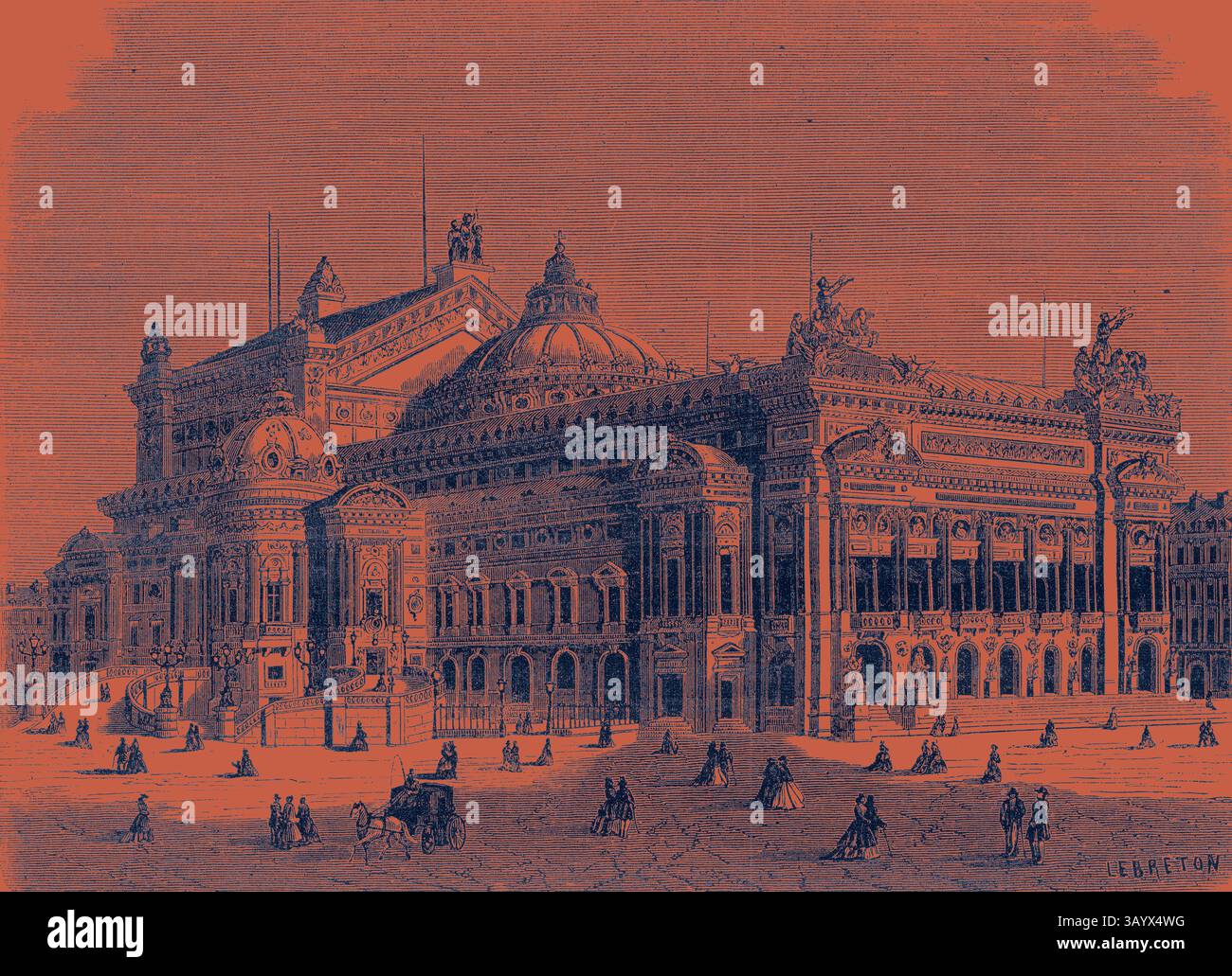 Une grande structure architecturale avec des détails ornés, des sculptures spectaculaires et un dôme majestueux, entouré de piétons et de calèches, capturant l'essence d'un centre culturel animé. Le nouvel Opéra de Paris et ses Lightning Rods Art classique avec une touche moderne réinventée par Artotop Banque D'Images