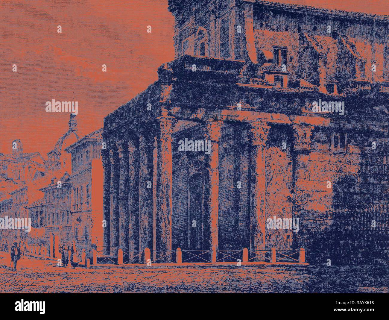 Une structure ancienne avec des colonnes imposantes se tient en évidence, mettant en valeur des détails architecturaux complexes. La toile de fond présente une scène de rue animée, évoquant une atmosphère historique vibrante. Rome Italie 1875 Temple d'Antonin et Faustina Art classique avec une touche moderne réinventé par Artotop Banque D'Images