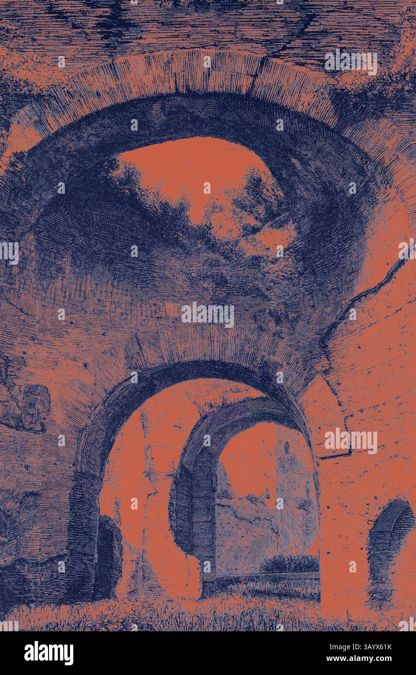 Un espace architectural ancien avec une série d'ouvertures voûtées qui créent un sentiment de profondeur et d'histoire, rehaussé par des tons contrastés qui accentuent les textures de la maçonnerie. Rome Italie 1875 Caldarium des Thermes de Cakacalla Art classique avec une touche moderne réinventé par Artotop Banque D'Images