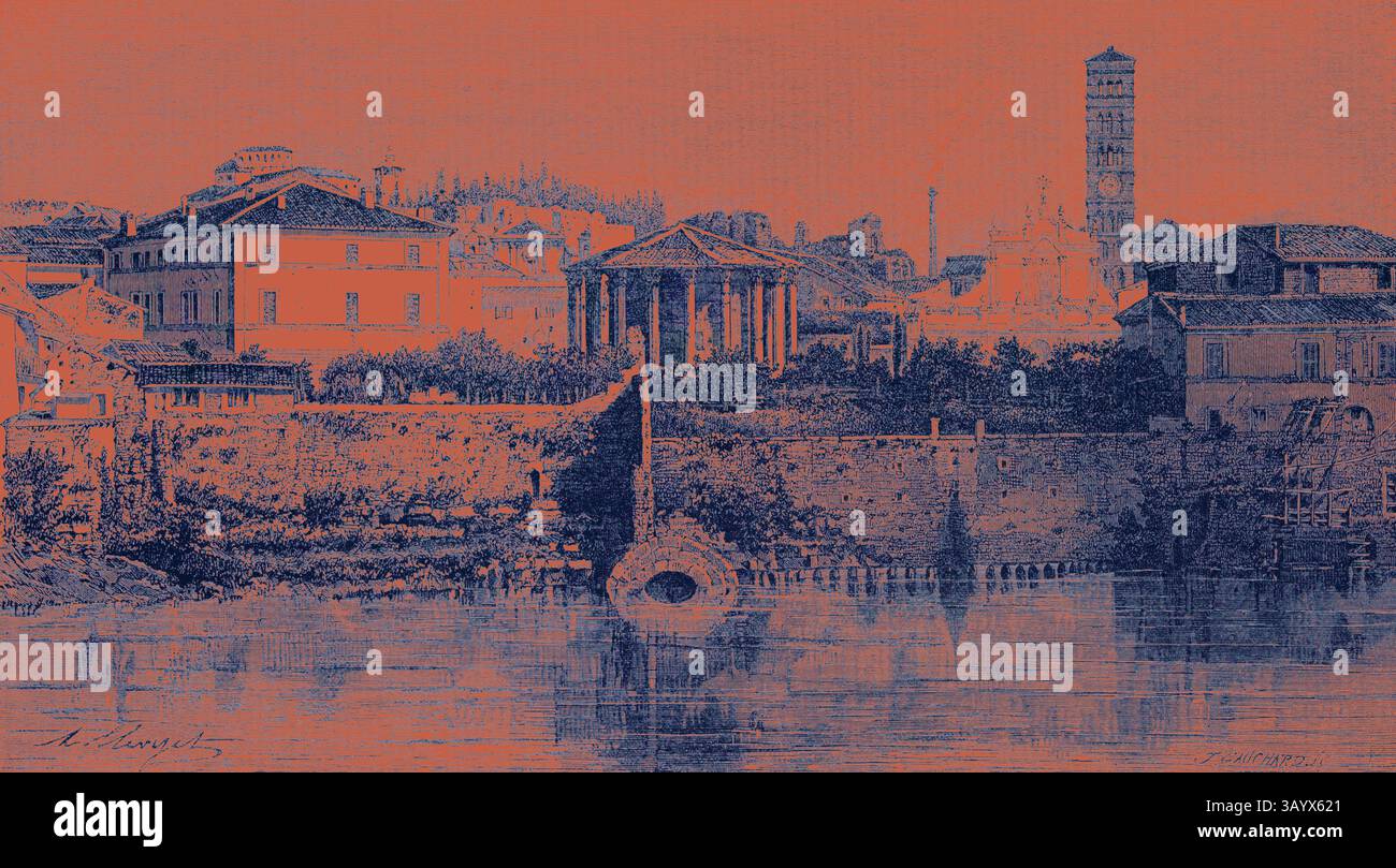 Une scène sereine au bord de la rivière avec des bâtiments élégants, une colonnade classique, et une grande tour en arrière-plan, le tout reflété dans l'eau calme ci-dessous. La composition évoque un sentiment de charme historique et de tranquillité. Rome Italie 1875 vue sur le Tibre devant la Cloaca Maxima Art classique avec une touche moderne réinventée par Artotop Banque D'Images