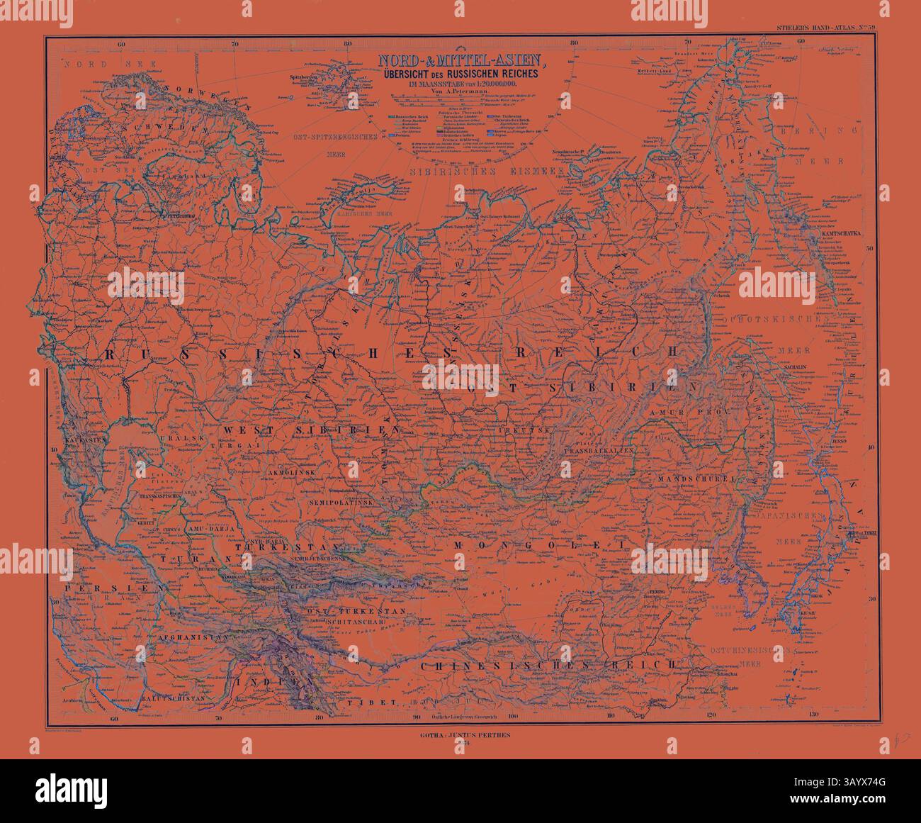 Une carte détaillée de l'Asie centrale et de ses régions environnantes, présentant les points de repère géographiques, les villes et les frontières. La palette de couleurs vives met en évidence divers territoires et indique les itinéraires de transport, ce qui en fait une référence historique précieuse. Russie carte Gotha Justus Perthes 1874 Atlas. Perthes Johan Georg Justus 1749 1816 Editeur allemand est né à Rudolstadt en 1749. En 1785, il a fondé à Gotha l'entreprise qui porte son nom Justus Perthes. En cela, il a été rejoint en 1814 par son fils Wilhelm 1793 1853. Il a posé les bases de la branche géographique de l'entreprise pour laquelle Banque D'Images
