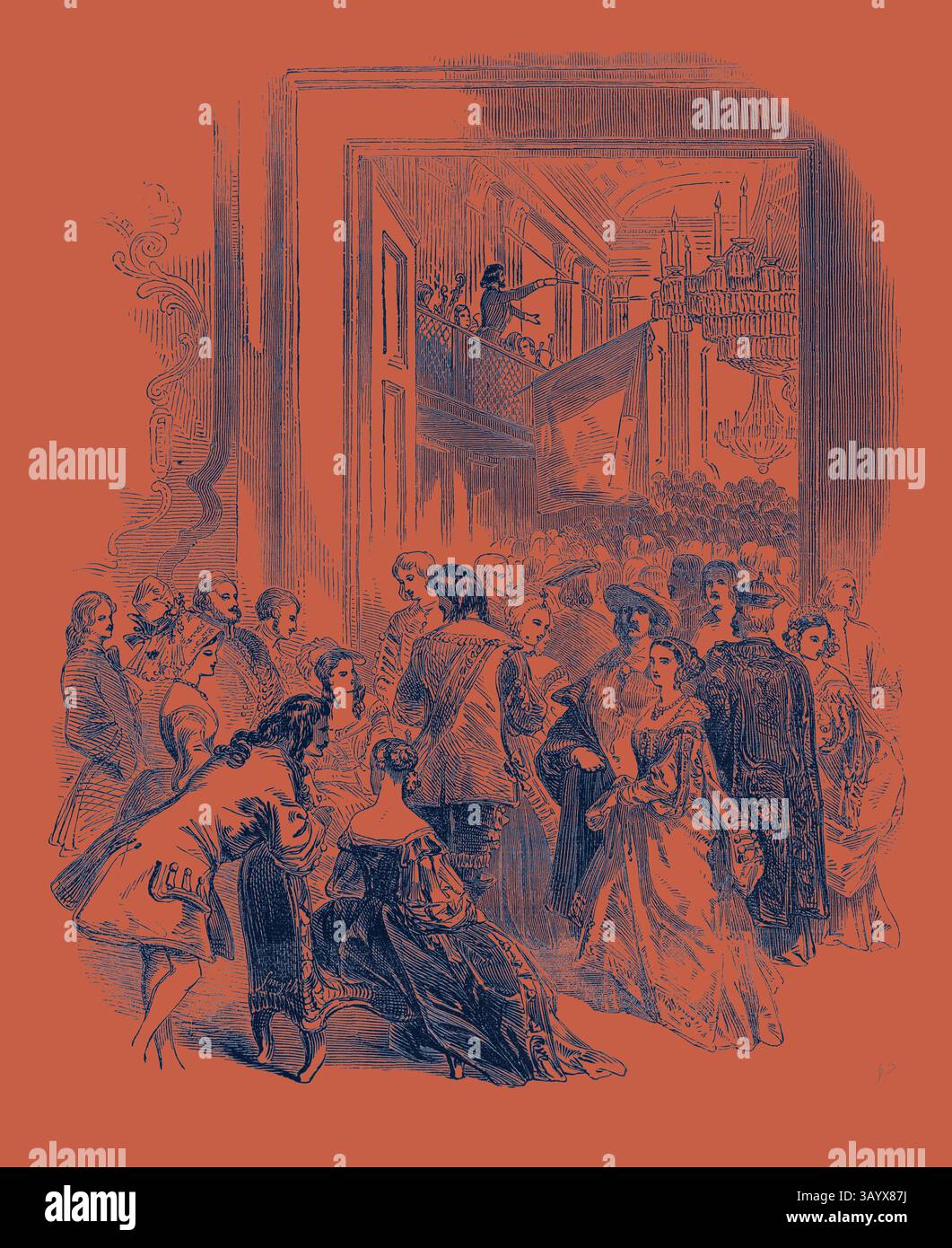 Un grand rassemblement d'individus élégamment habillés engagés dans une conversation animée, sur fond orné d'un lustre luxueux et d'une représentation théâtrale. L'atmosphère respire la sophistication et l'intrigue, capturant un moment de haute société dans un cadre opulent. Sketch from the Grand Polish Ball, at Willis's Room, King-Street, offert James's, London, Great Britain Art classique avec une touche moderne réinventée par Artotop Banque D'Images