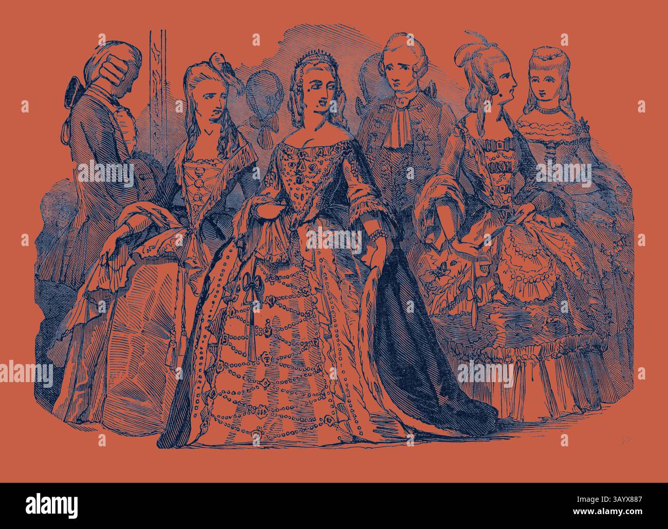 Un groupe d'individus élégamment habillés du XVIIIe siècle, présentant des vêtements complexes et des coiffures élaborées qui reflètent la mode de l'époque. Leurs poses et expressions véhiculent un sentiment de grandeur et de sophistication. Bal costumé de sa Majesté, duc de Norfolk, duchesse de Grafton, marquise de Londonderry, vicomte Sydney, comtesse de Jersey, Lady C. Villiers Art classique avec une touche moderne réinventée par Artotop Banque D'Images