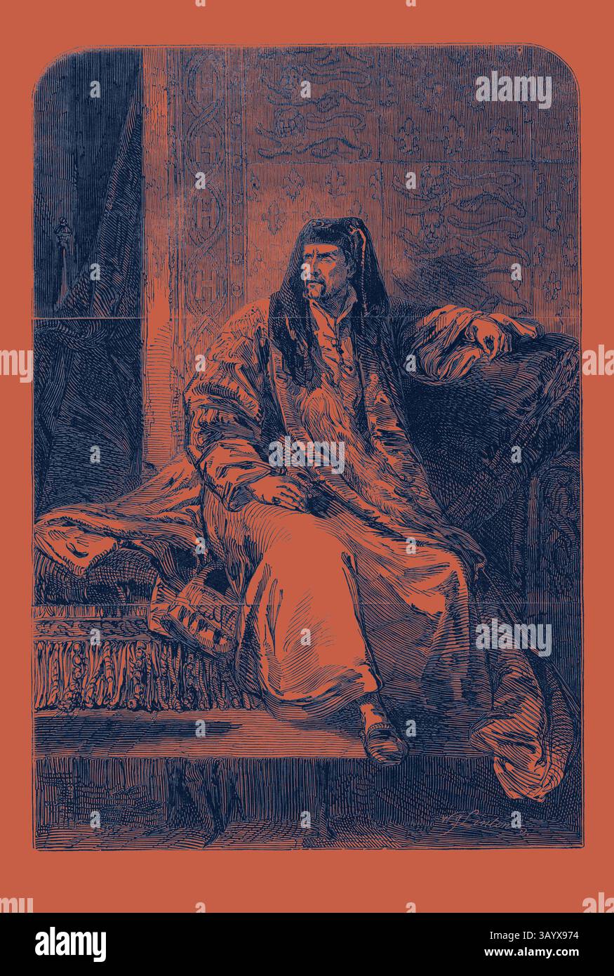 Un personnage royal est assis dans un intérieur somptueux, drapé de vêtements ornés qui reflètent un sentiment de pouvoir et d'autorité. Les détails complexes du décor renforcent le comportement digne du personnage, suggérant un récit riche en histoire et en culture. King Henry IV, Royal Academy Exhibition Art classique avec une touche moderne réinventée par Artotop Banque D'Images