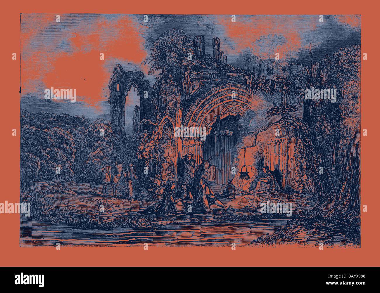 Une scène représentant un groupe de personnages près des ruines d'une ancienne structure, entouré d'arbres luxuriants et d'un plan d'eau calme, évoquant un sentiment de nostalgie et de mystère. L'art classique Gipsy's Home avec une touche moderne réinventée par Artotop Banque D'Images