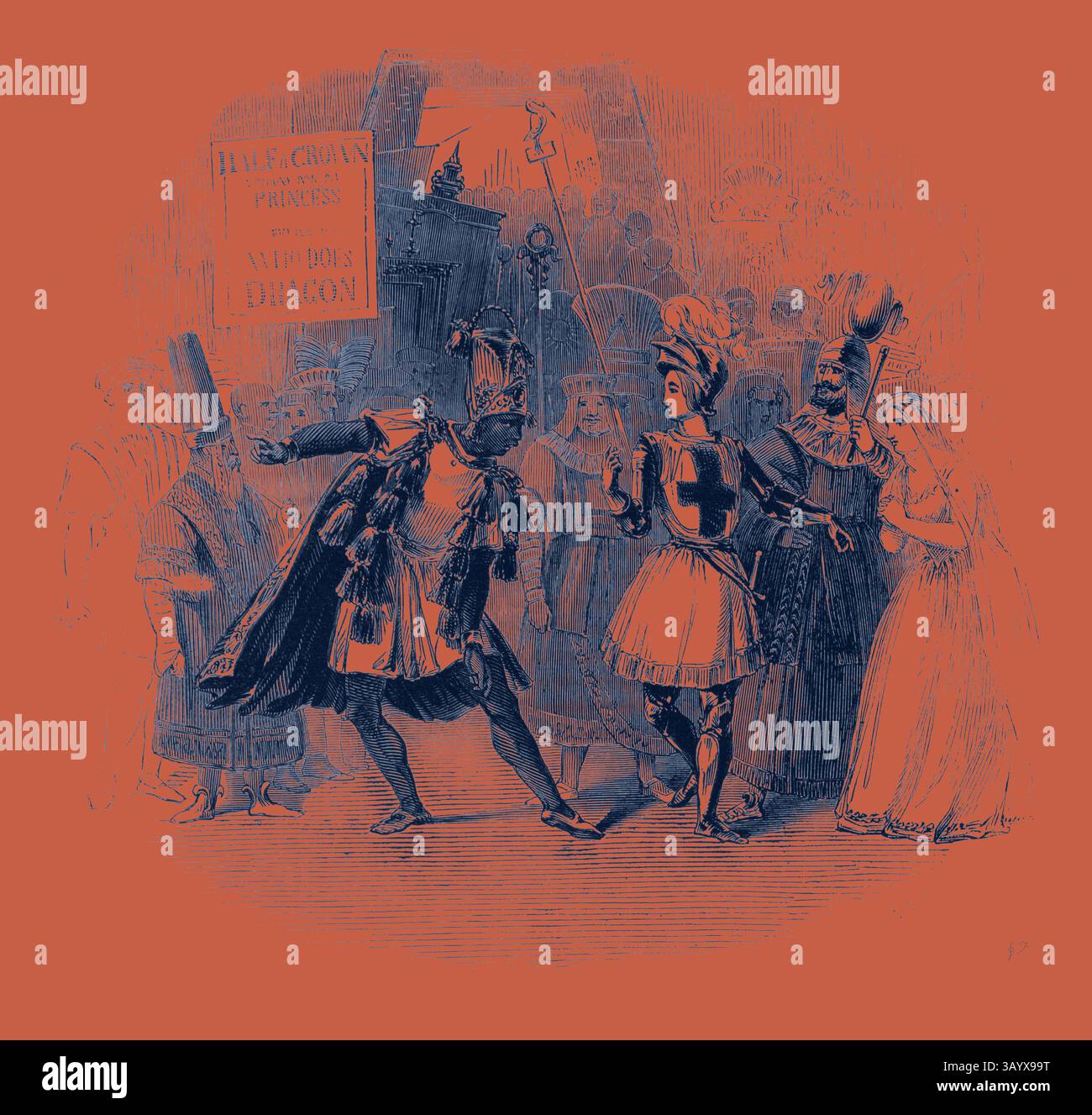 Une scène vibrante d'une production théâtrale, mettant en scène une confrontation dramatique entre un chevalier et une figure en armure, entourée d'une foule éclectique tenant des banderoles et vêtue de costumes d'époque. La toile de fond suggère une ambiance festive, évoquant des thèmes d’ambition et de rivalité. Scène du Burlesque de « George and the Dragon », au théâtre Adelphi. Art classique avec une touche moderne réinventé par Artotop Banque D'Images