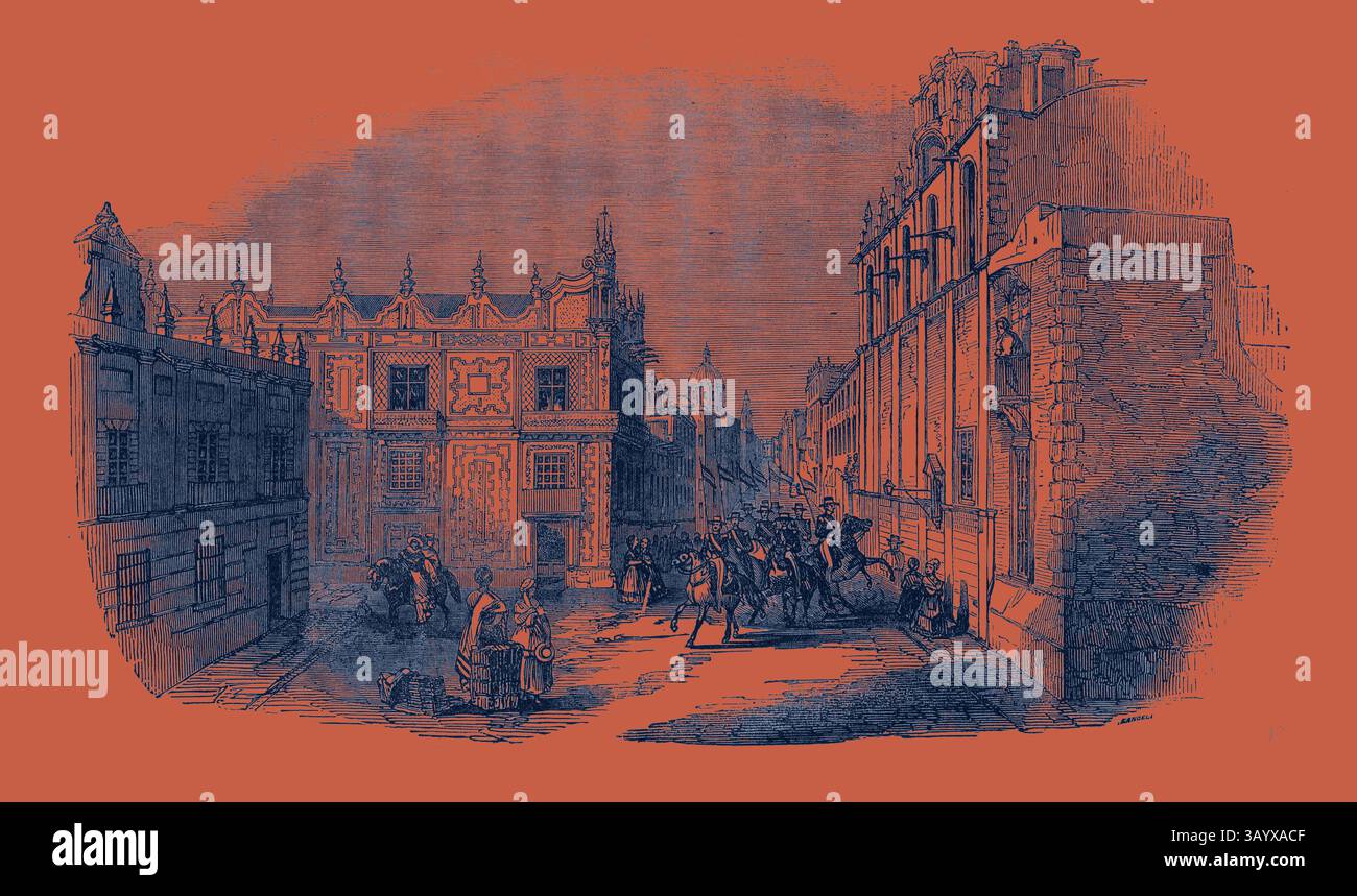 Une scène historique représentant une rue animée remplie de gens et de chevaux, présentant une architecture complexe et des bâtiments qui reflètent une époque passée. L’atmosphère transmet un sentiment d’activité et de mouvement au milieu des façades détaillées. Street in Mexico Art classique avec une touche moderne réinventée par Artotop Banque D'Images