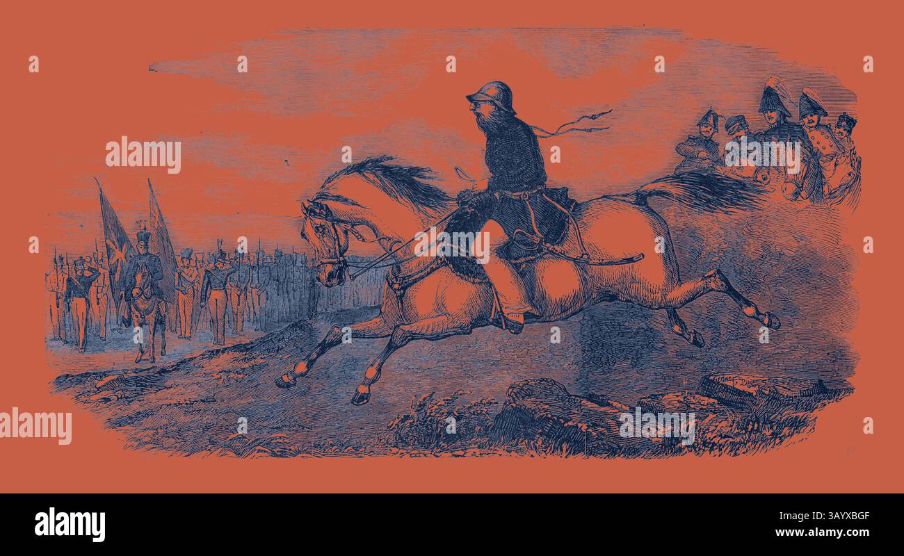 Un cavalier déterminé charge vers l'avant à cheval, menant une charge alors que les soldats et les spectateurs regardent en arrière-plan, transmettant un sentiment d'urgence et de bravoure historique. Commandant en chef Sir Charles Napier Art classique avec une touche moderne réinventée par Artotop Banque D'Images