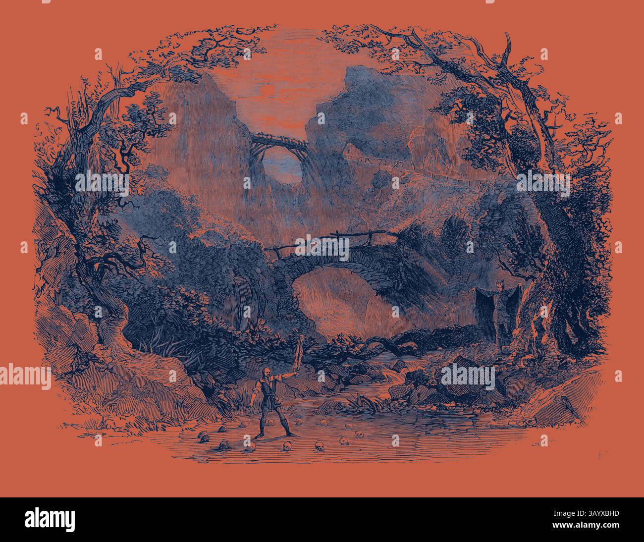 Un paysage serein présente des falaises imposantes et un feuillage luxuriant, avec un lit de rivière serein au premier plan. Deux ponts arquent gracieusement au-dessus de la scène, reliant les formations rocheuses. Une figure solitaire se tient au bord de l'eau, observant la tranquillité de la nature, tandis que les oiseaux flottent doucement à proximité. L'arrière-plan chaleureux fait allusion à un coucher ou un lever de soleil, projetant une lueur paisible sur le cadre idyllique. Scène de « Der Freischutz » (le Glen du loup), au Royal Italian Opera Classic art avec une touche moderne réinventée par Artotop Banque D'Images