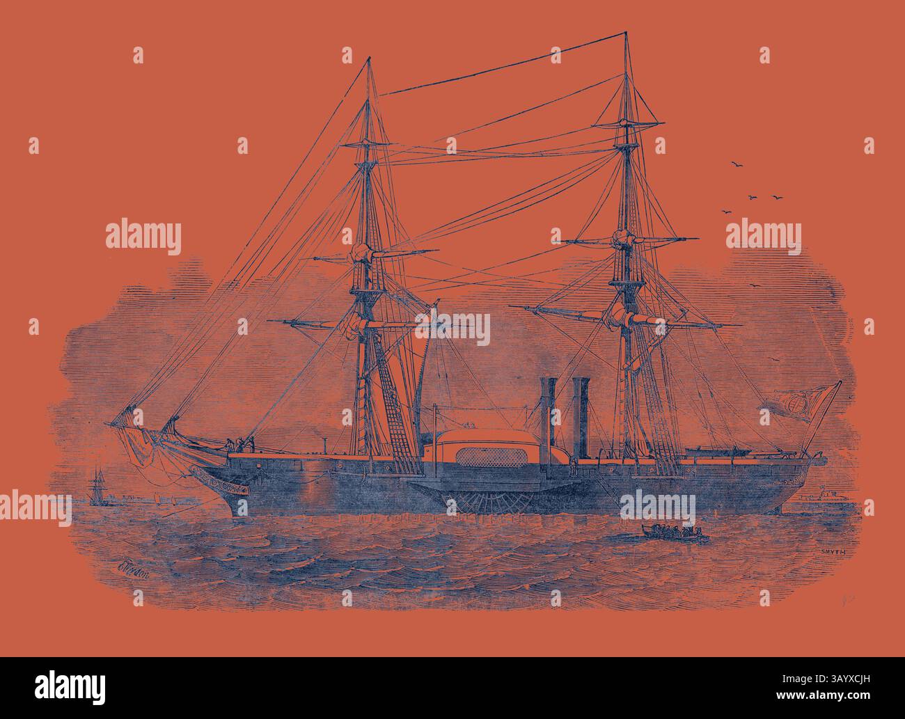 Un majestueux bateau à vapeur avec de hauts mâts et un gréement complexe vole à travers un plan d'eau, dégageant un sens de l'aventure et de l'histoire maritime, tandis que de plus petits bateaux naviguent à proximité. Le vapeur de guerre « Governole », construit pour l'art classique du gouvernement sarde avec une touche moderne réinventée par Artotop Banque D'Images