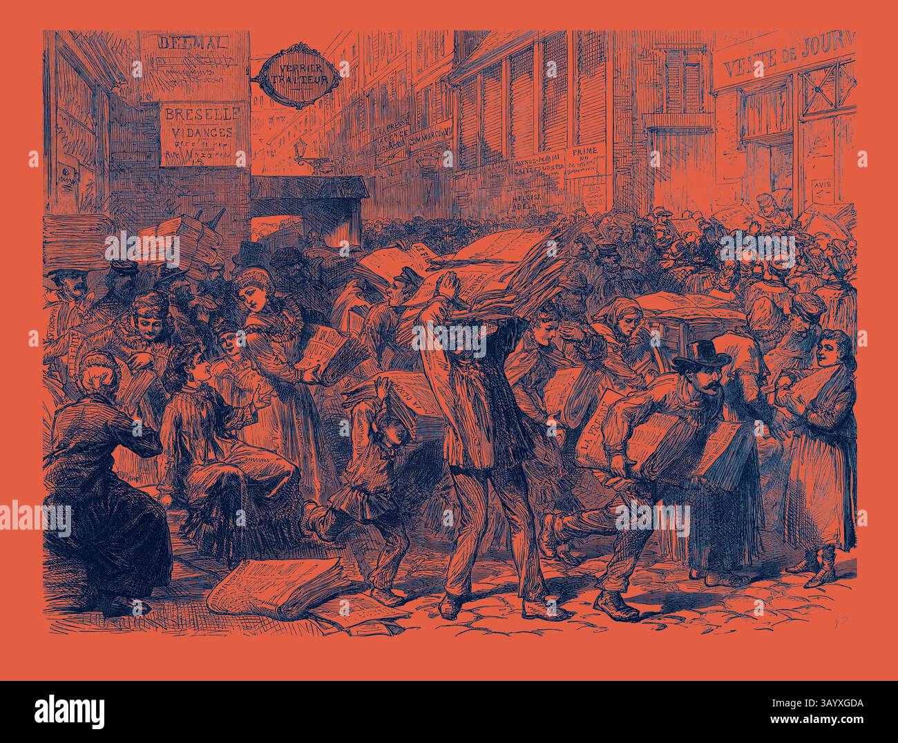 Une scène de rue animée remplie d'une foule diversifiée de personnes engagées dans diverses activités, y compris des marchands vendant des marchandises et des piétons transportant des colis. L'atmosphère transmet un sentiment d'énergie et d'industrie, avec des bâtiments bordant les rues et des panneaux indiquant les commerces à proximité. Publier des revues à Paris 1873 Art classique avec une touche moderne réinventé par Artotop Banque D'Images