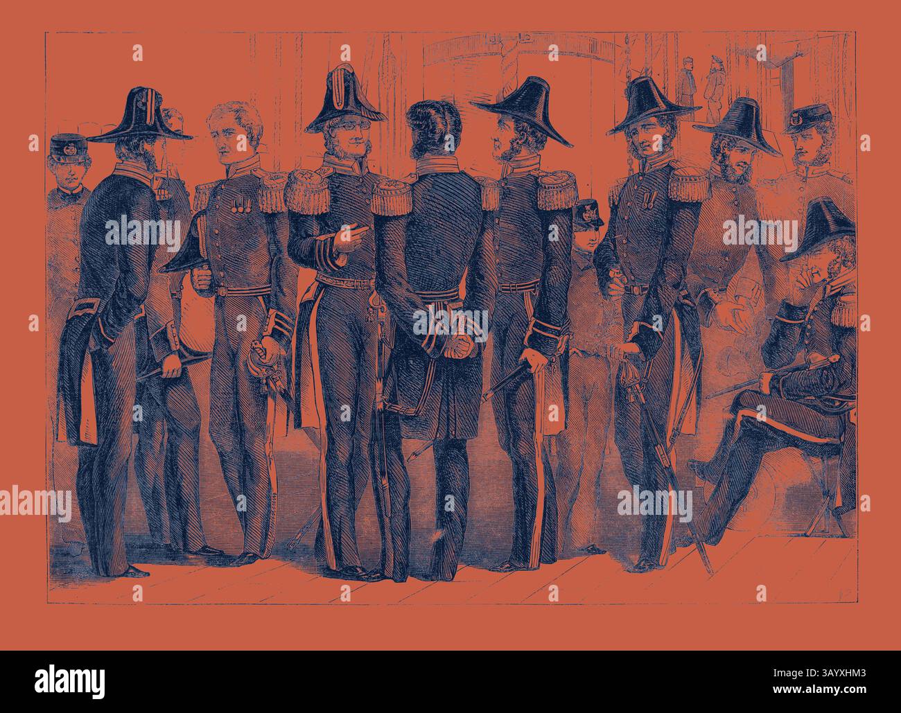 Un groupe d'officiers militaires en uniformes ornés se tient dans un cadre formel, engagé dans la conversation. Certains se font face, tandis que d'autres semblent observer la scène. L’atmosphère suggère un moment de camaraderie ou de discussion stratégique entre les rangs. Uniforme naval Art classique avec une touche moderne réinventée par Artotop Banque D'Images