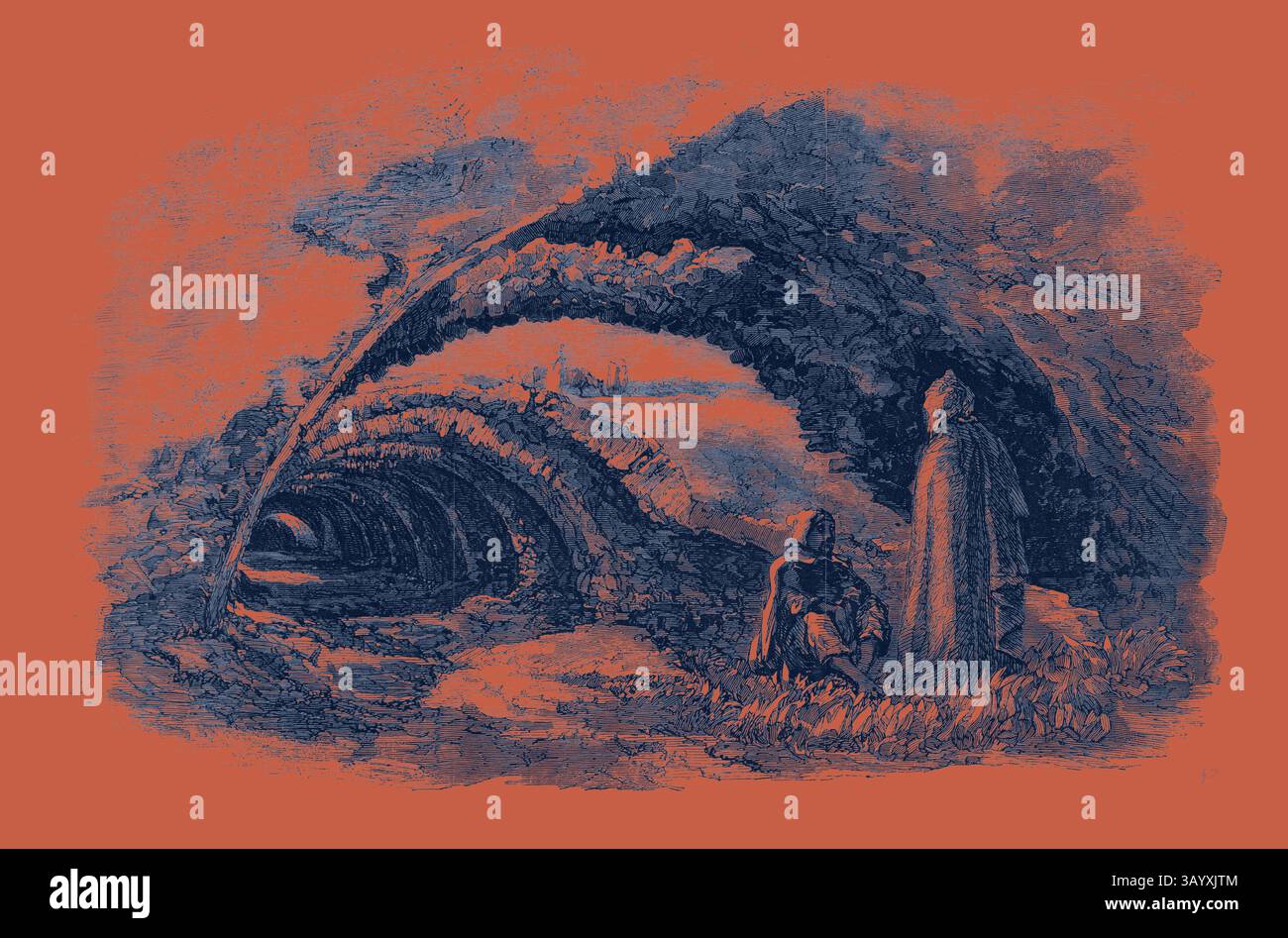 Un paysage surréaliste présente des chemins sinueux et des formations en voûte, avec deux personnages conversant au milieu d'un terrain accidenté, évoquant un sentiment de mystère et d'exploration. Vestiges de Carthage : les citernes Art classique avec une touche moderne réinventée par Artotop Banque D'Images