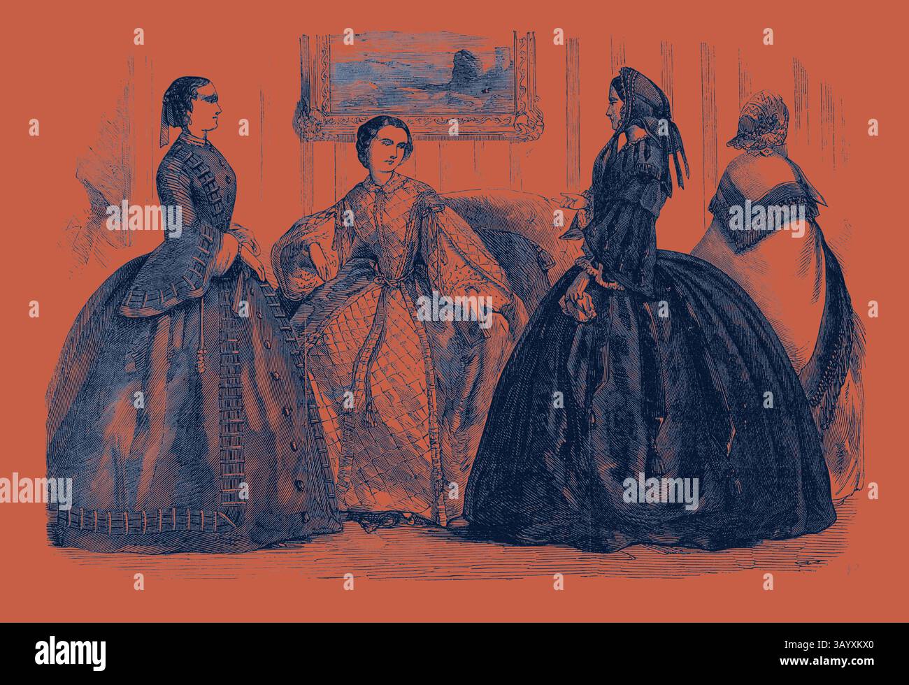 Un groupe de femmes élégamment habillées dans des robes élaborées du XIXe siècle s'engagent dans la conversation, mettant en valeur des motifs de tissu complexes et des coiffures classiques, dans un décor intérieur décoratif. Mode pour décembre. Art classique avec une touche moderne réinventé par Artotop Banque D'Images