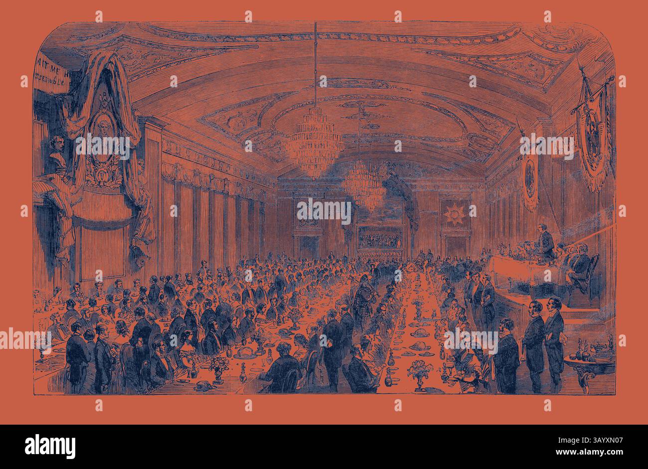 Une scène de banquet grandiose avec une longue table remplie de plats élégamment agencés, entouré de participants élégamment habillés engagés dans la conversation. Des lustres ornés et des décorations élaborées renforcent l'opulence du cadre, créant un sentiment de célébration et de formalité. Le banquet Burns à Montréal Art classique avec une touche moderne réinventée par Artotop Banque D'Images