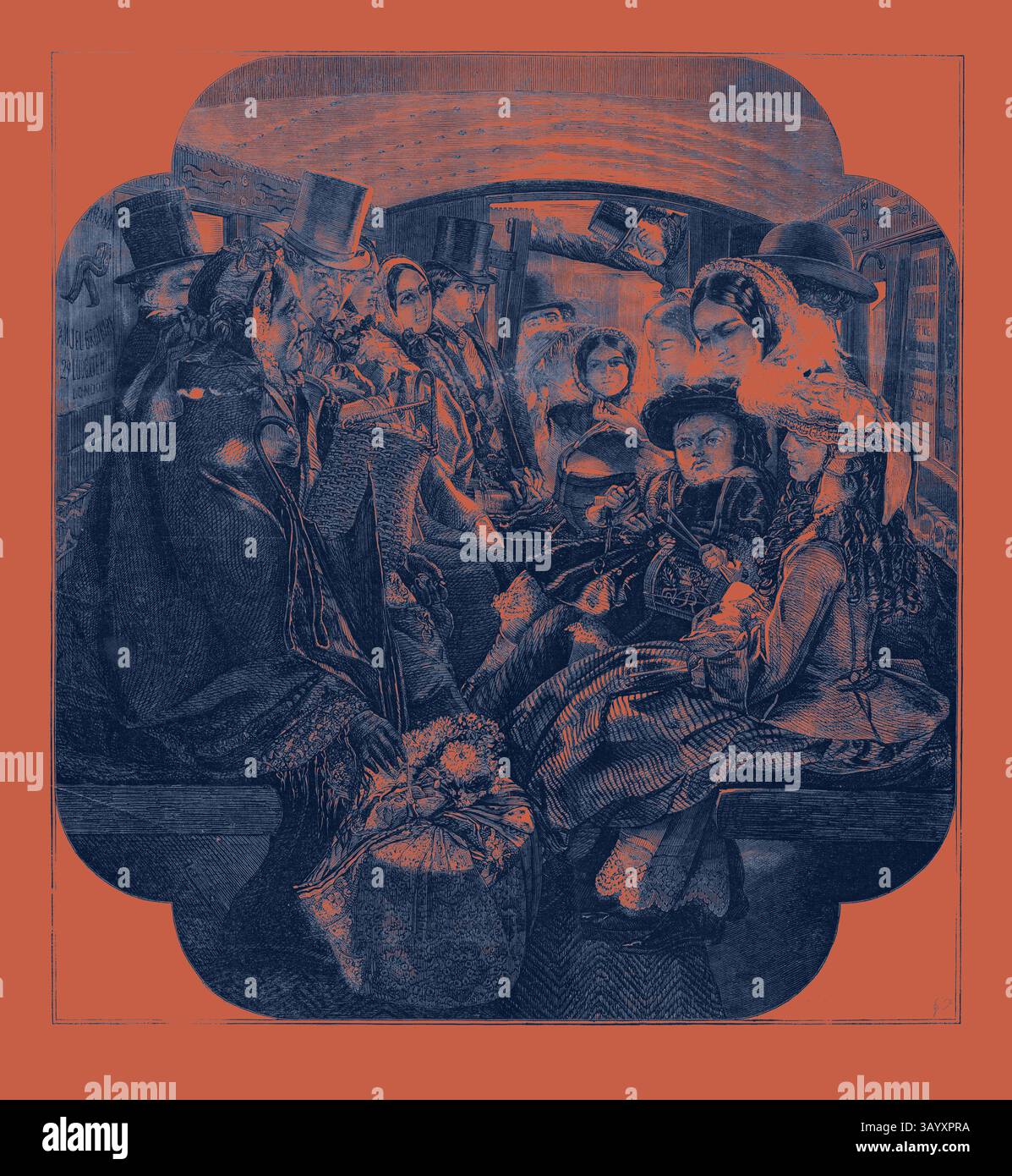 Un groupe d'individus vêtus d'une tenue d'époque voyage ensemble dans un espace faiblement éclairé, affichant une gamme d'expressions allant de la curiosité à la contemplation. Certains portent de grands chapeaux, tandis que d'autres arborent des coiffures élaborées, et ils semblent engagés dans la conversation ou la réflexion silencieuse au milieu de leur environnement. Vie omnibus à Londres à partir d'une photo de W.M. Egley dans l'institution britannique Art classique avec une touche moderne réinventée par Artotop Banque D'Images