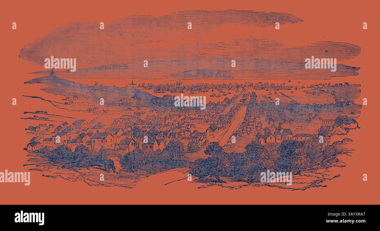Une vue panoramique d'une ville côtière, avec un plan détaillé des rues et des bâtiments, avec un phare lointain et des navires à l'horizon. La scène transmet un mélange de vie urbaine et de beauté naturelle, encadrée par des collines et de l'eau. San Francisco en 1851 : avec Yerba Buena Island Art classique avec une touche moderne réinventée par Artotop Banque D'Images