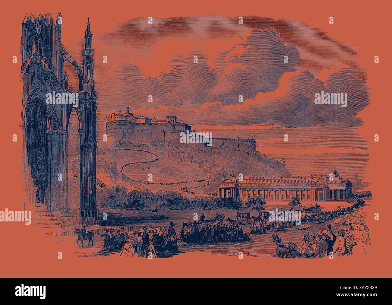 Un paysage grandiose présente une forteresse perchée surplombant une scène animée avec des personnages et des calèches tirées par des chevaux au premier plan, encadrée par des ruines architecturales frappantes sur la gauche. Le ciel spectaculaire ajoute de la profondeur au cadre historique. Grand rassemblement de juvéniles abattues, à Édimbourg, la procession passant devant le Scott Monument Classic art avec une touche moderne réinventée par Artotop Banque D'Images