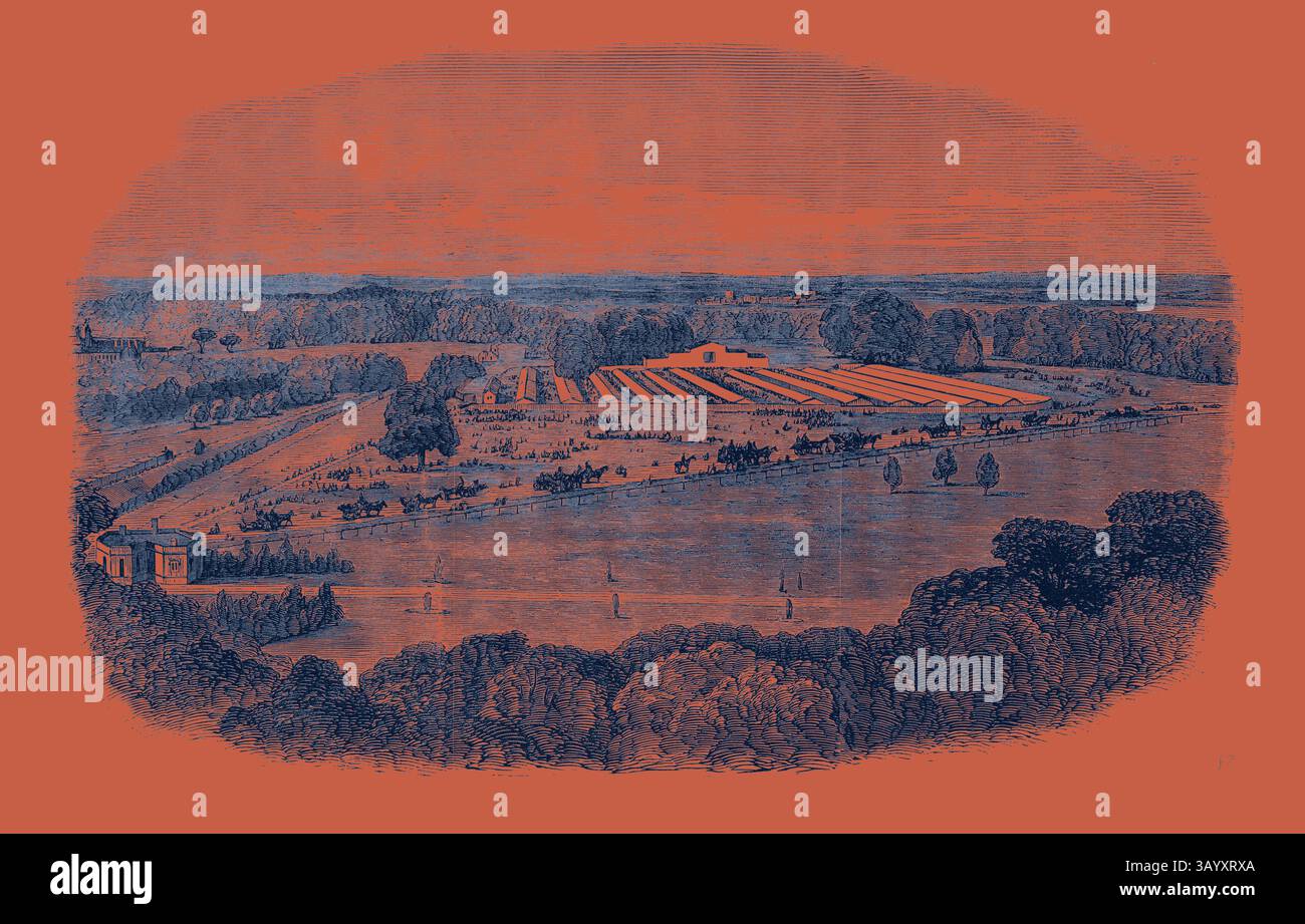 Un paysage serein dispose d'un vaste champ avec des rangées soigneusement disposées, entouré d'arbres et d'un plan d'eau calme. Au loin, un bâtiment se dresse où les gens se rassemblent, tandis que les bateaux glissent doucement le long de la surface de l'eau, créant une scène pittoresque d'harmonie agricole et de tranquillité. The Agricultural Show, esquissé depuis la terrasse nord du château de Windsor, la réunion de la Royal Agricultural Society à Windsor Classic Art avec une touche moderne réinventée par Artotop Banque D'Images