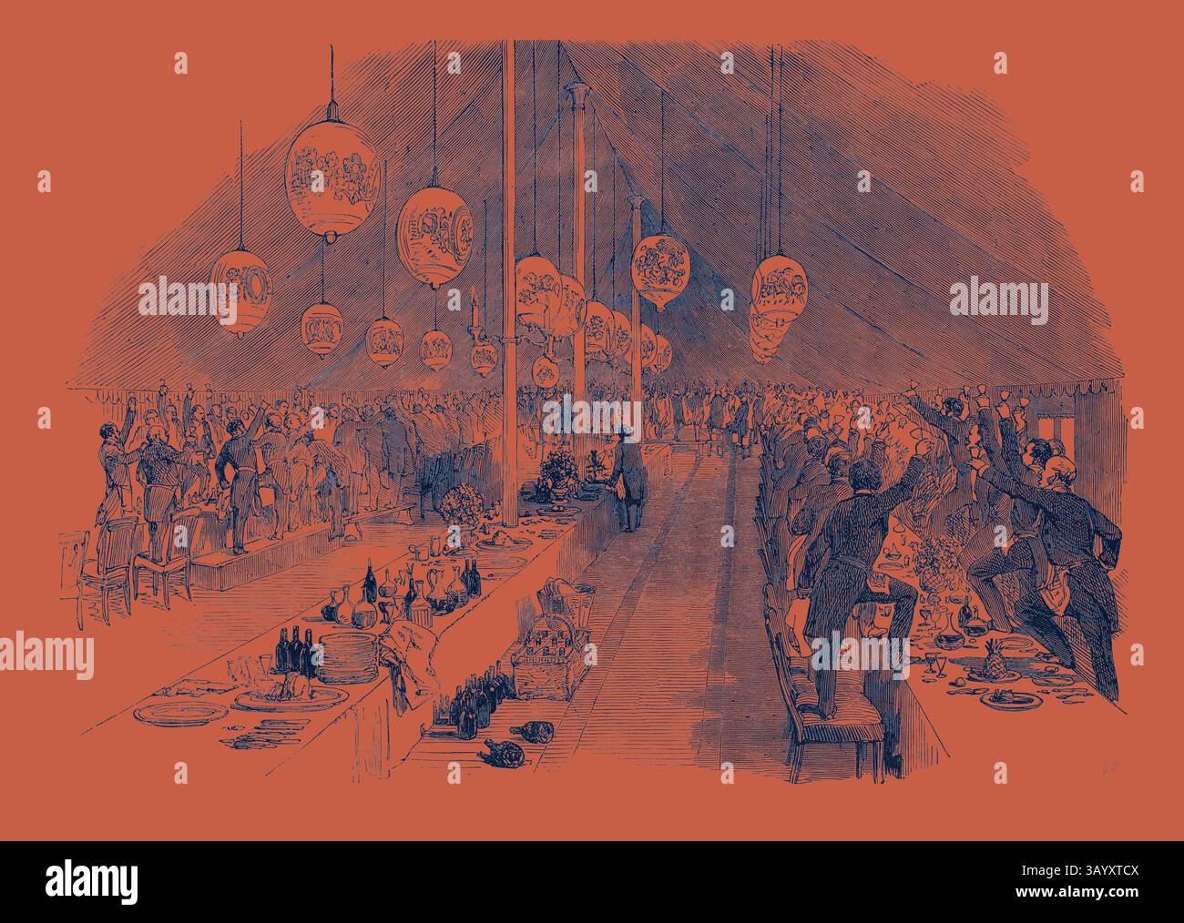 Une scène de banquet animée avec des invités élégamment habillés dégustant un repas somptueux sous des lanternes ornées de festivités, dans une atmosphère animée de fête et de camaraderie. Les longues tables sont remplies de plats variés et les conversations animées remplissent l'air. Grand banquet maçonnique, au Rugby, au général Sir Charles Napier, G.C.B., buvant l'art classique de la santé générale avec une touche moderne réinventée par Artotop Banque D'Images