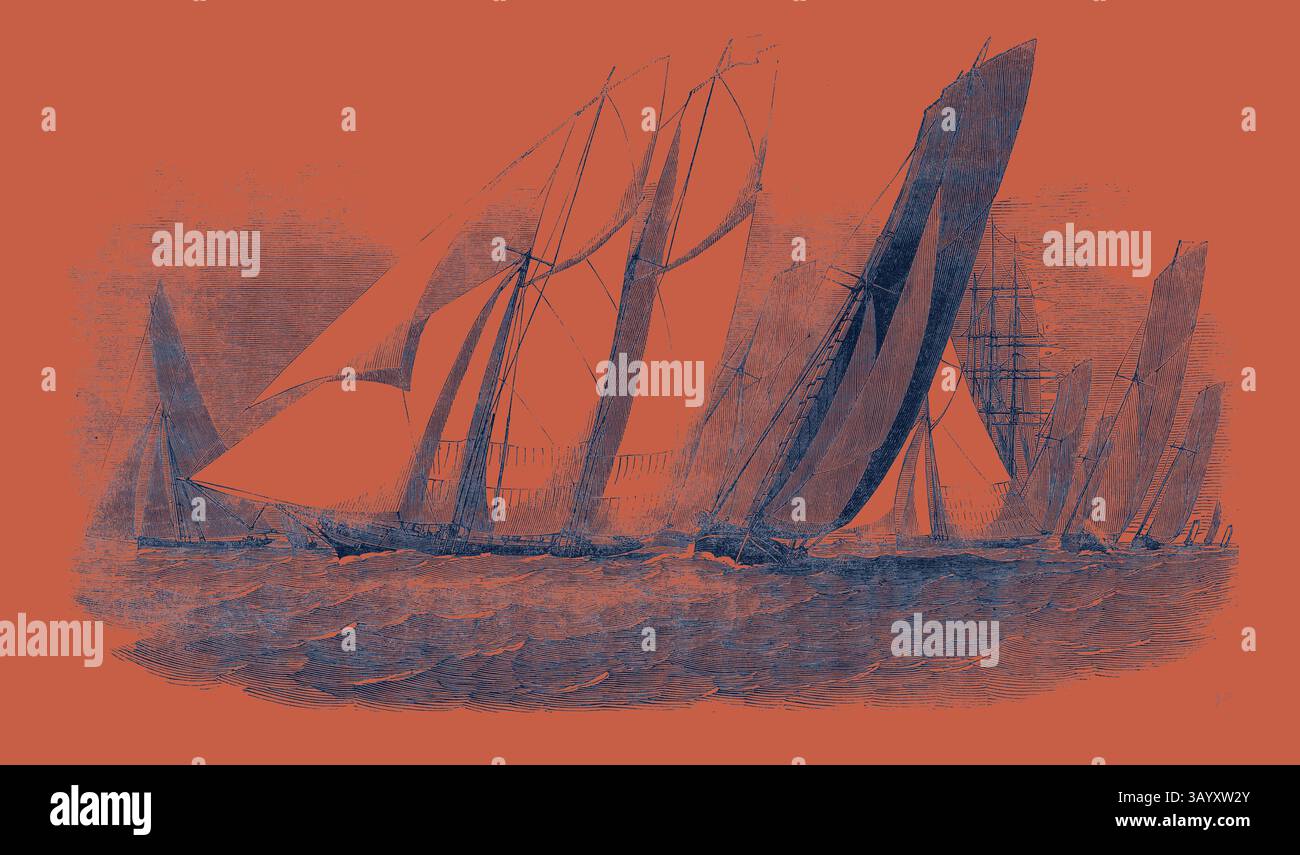 Une scène dramatique de plusieurs voiliers en mouvement, leurs voiles gonflantes attrapant le vent dans un contexte saisissant, créant un sentiment d'aventure en pleine mer. La Royal Victoria Yacht Squadron Regatta, la 'Fernande' et 'Anaconda' en passant par l'art Ryde Classic avec une touche moderne réinventée par Artotop Banque D'Images