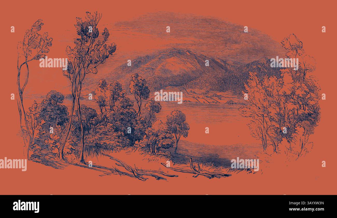 Un paysage serein avec des collines vallonnées en arrière-plan, encadré par des arbres luxuriants et un plan d'eau calme au premier plan. La scène naturelle évoque un sentiment de tranquillité et d'harmonie avec la nature. Bassenthwaite Water (Skiddaw Beyond), de Wythop Woods, l'art classique du Lake District avec une touche moderne réinventée par Artotop Banque D'Images