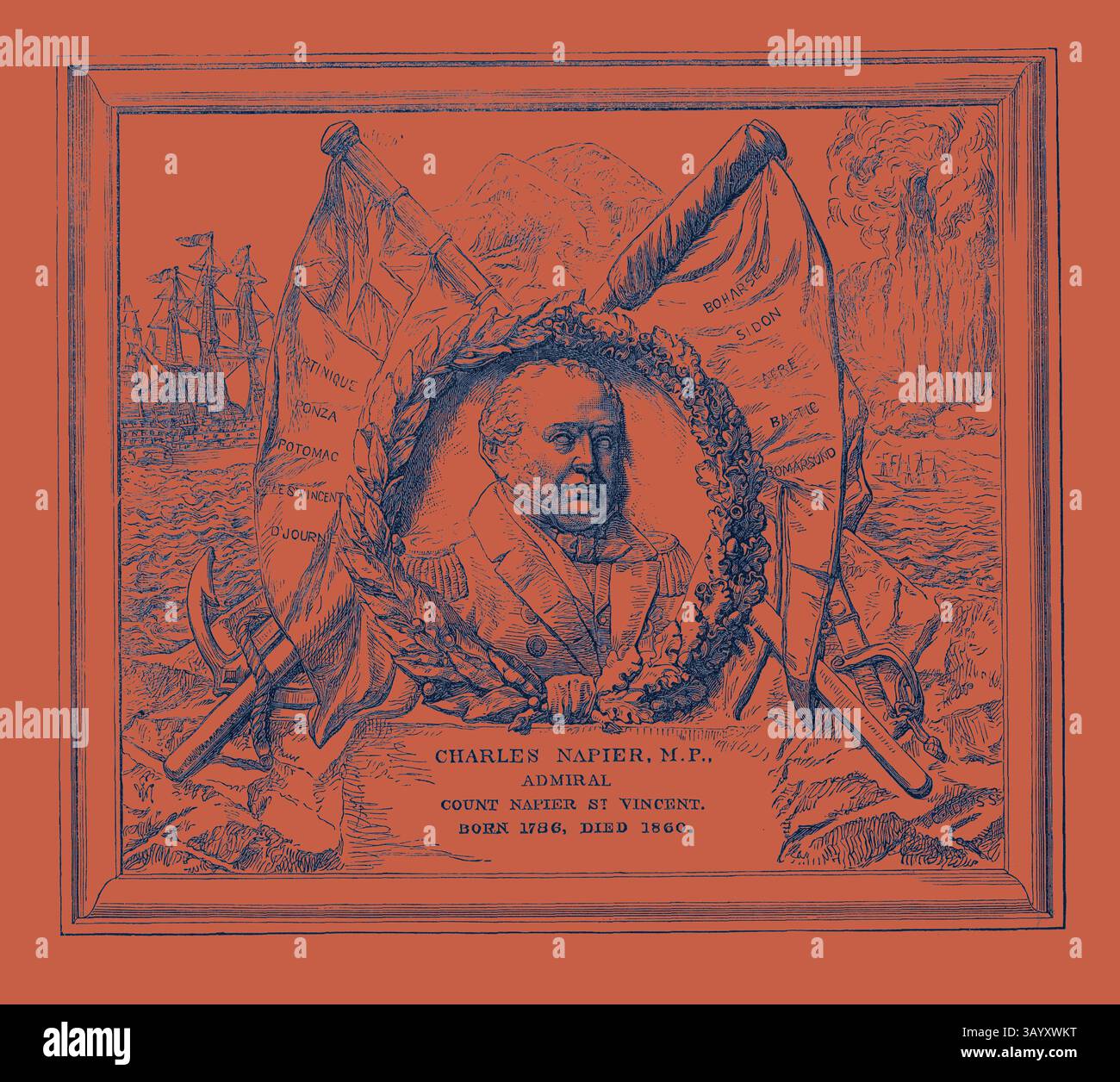 Hommage encadré à l'amiral Charles Napier, avec un portrait central entouré d'une couronne de laurier. Flanquant le portrait, deux épées navales croisées et des drapeaux bouillonnants, tandis que les navires et les montagnes créent un arrière-plan spectaculaire. La composition comprend des détails sur son titre et sa durée de vie, soulignant son importance dans l'histoire navale. Monument de l'amiral Sir Charles Napier in nommé Paul's Cathedral London UK 1869 Art classique avec une touche moderne réinventé par Artotop Banque D'Images