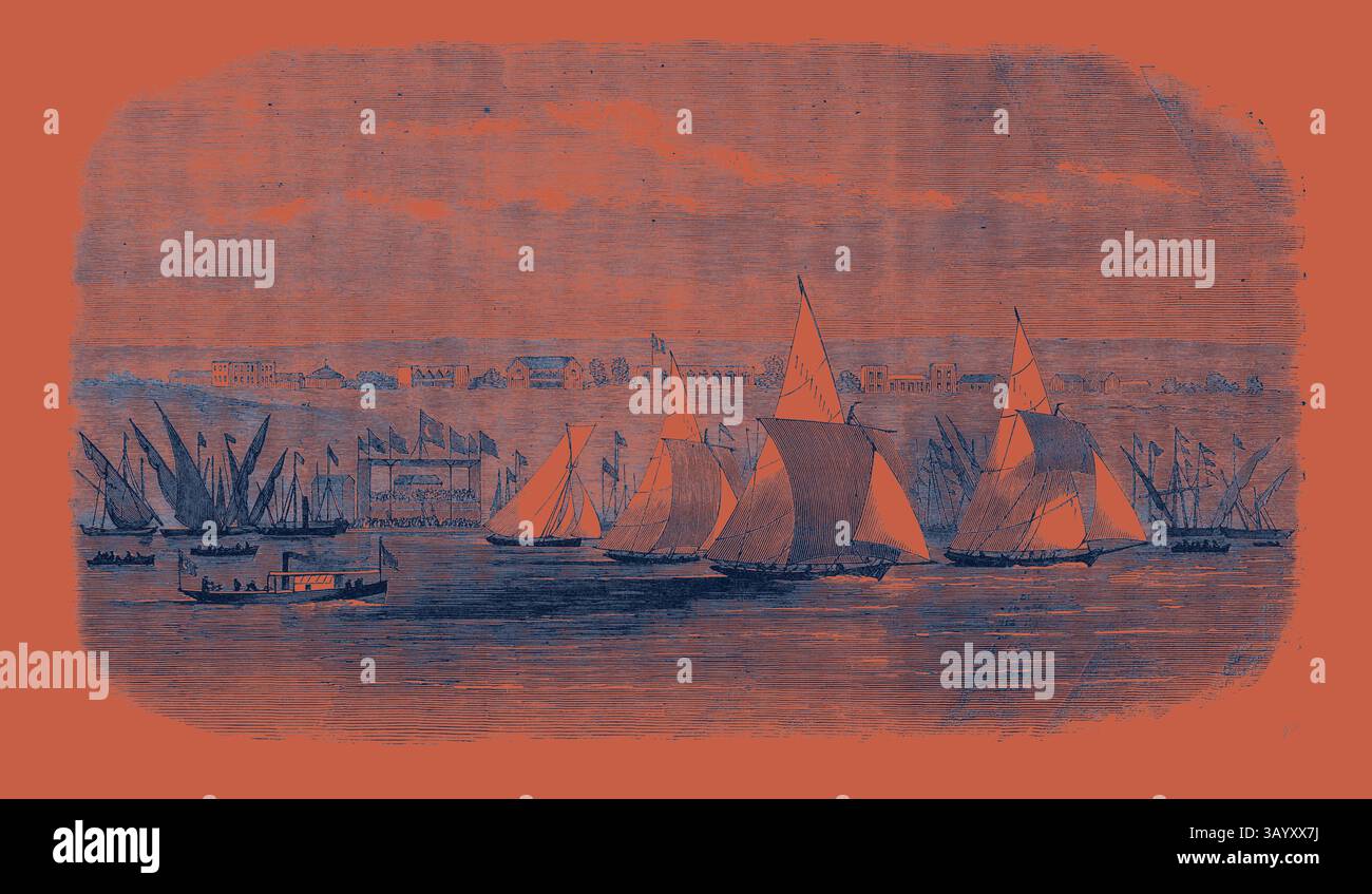 Une scène portuaire animée remplie de majestueux voiliers, leurs voiles blanches bouillonnantes attrapant le vent alors qu'ils naviguent sur l'eau. En arrière-plan, un paysage urbain animé est visible, avec des bâtiments et des drapeaux ajoutant à l'atmosphère vibrante de l'activité maritime. Fêtes du vice-roi d'Égypte : régate à Ismailia sur le lac Timsah 1869 Art classique avec une touche moderne réinventée par Artotop Banque D'Images