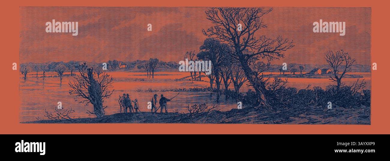 Un paysage serein présente un plan d'eau calme entouré d'arbres, avec des personnages debout sur le rivage, apparemment engagés dans la conversation. En arrière-plan, des collines lointaines et une petite structure sont visibles, suggérant un cadre rural tranquille. Le désastre de chasse dans le Yorkshire : vue générale de la rivière URE dans Flood où l'accident s'est produit 1869 Art classique avec une touche moderne réinventée par Artotop Banque D'Images